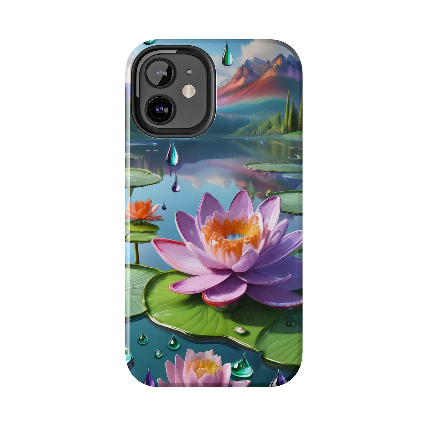 Lily Pads Phone Case, Mountain View Raindrops Nature Scene for iPhone or Samsung Galaxy, Pink Green Blue