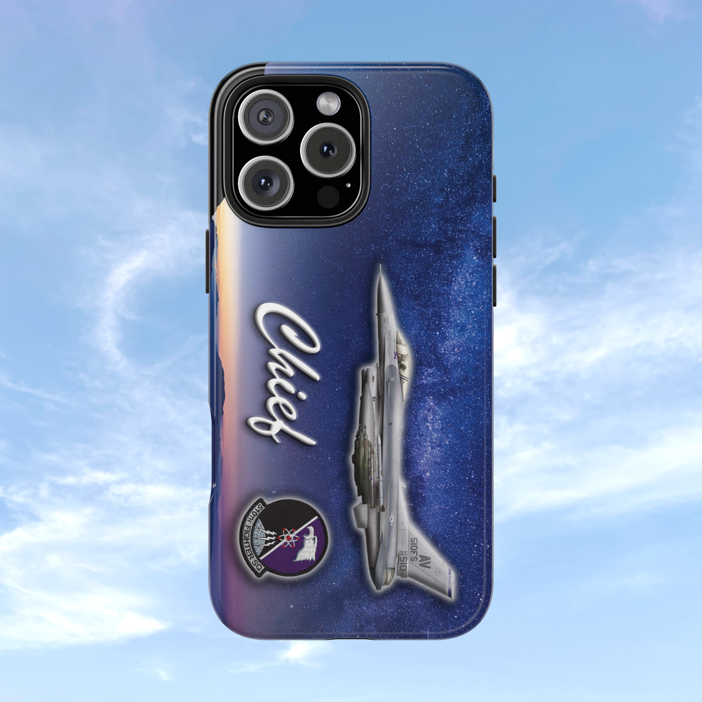 Air Force customized cell phone case featuring an F-16 jet design, showcasing sleek military style and durability