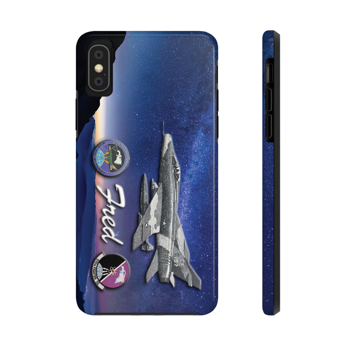 An image of an Air Force 510th Squadron cell phone case featuring a detailed F16 fighter jet design, the word "Buzzards," and personalized text displaying a name or call sign. The case has a sleek, durable finish with vibrant graphics, offering a military-inspired look. Designed for edge-to-edge protection, it includes precise cutouts for buttons, ports, and the camera, combining style and functionality.