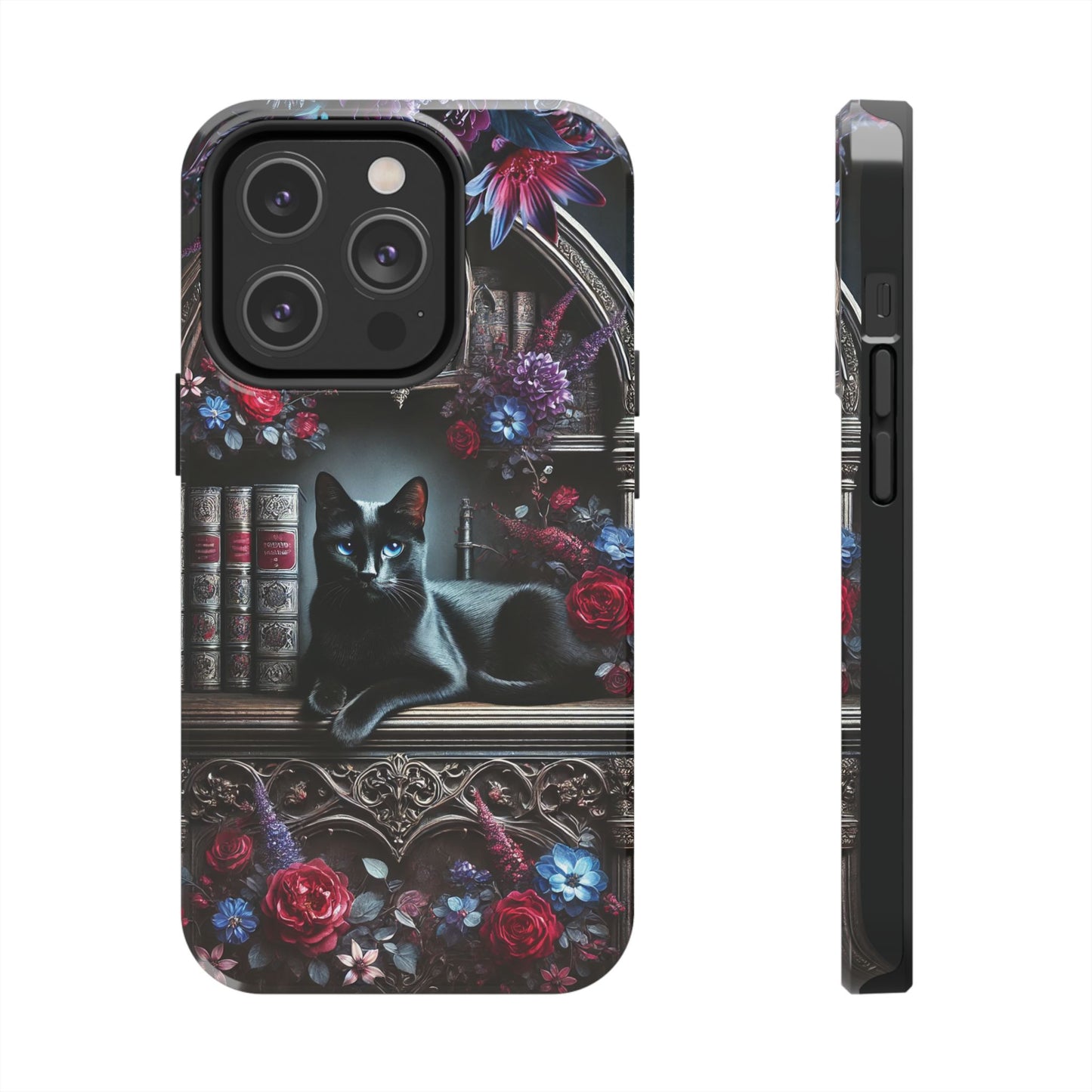 iPhone and Samsung Galaxy cell phone models, Black Cat Gothic Bookcase Decor with Glowing Blue Eyes & Flowers, iPhone Pro, Plus, Pro Max