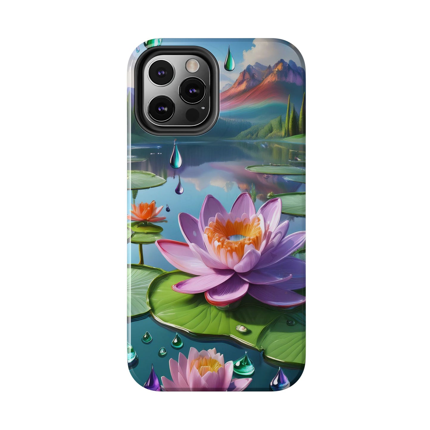 Lily Pads Phone Case, Mountain View Raindrops Nature Scene for iPhone or Samsung Galaxy, Pink Green Blue