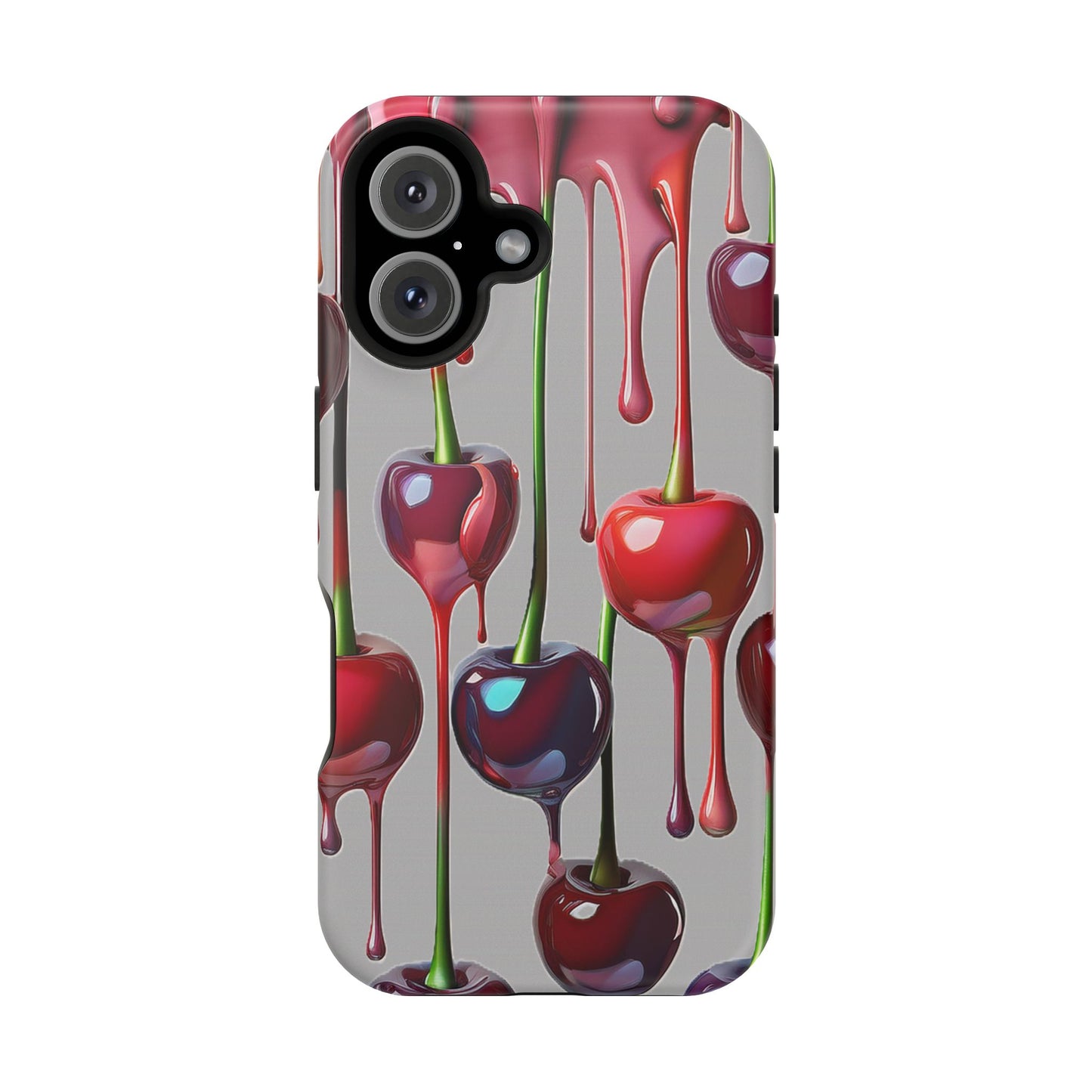 Mag Safe Dripping Cherry Phone Case - Cherry Design, Gray iPhone Magnetic Phone Case