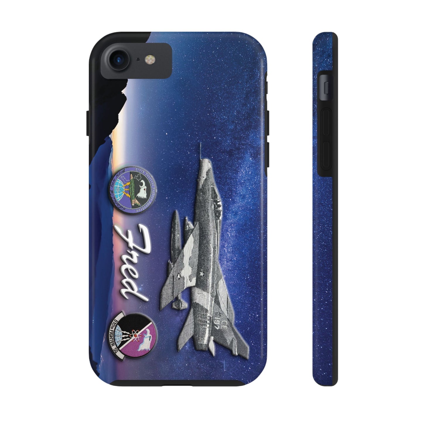 An image of an Air Force 510th Squadron cell phone case featuring a detailed F16 fighter jet design, the word "Buzzards," and personalized text displaying a name or call sign. The case has a sleek, durable finish with vibrant graphics, offering a military-inspired look. Designed for edge-to-edge protection, it includes precise cutouts for buttons, ports, and the camera, combining style and functionality.