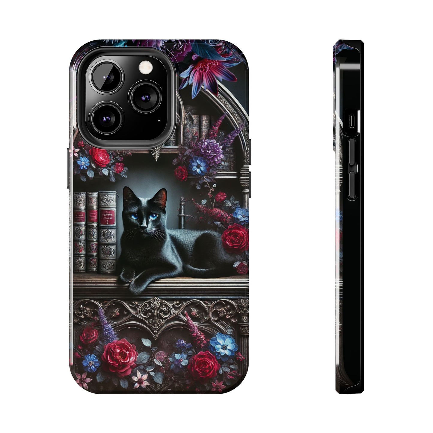 iPhone and Samsung Galaxy cell phone models, Black Cat Gothic Bookcase Decor with Glowing Blue Eyes & Flowers, iPhone Pro, Plus, Pro Max