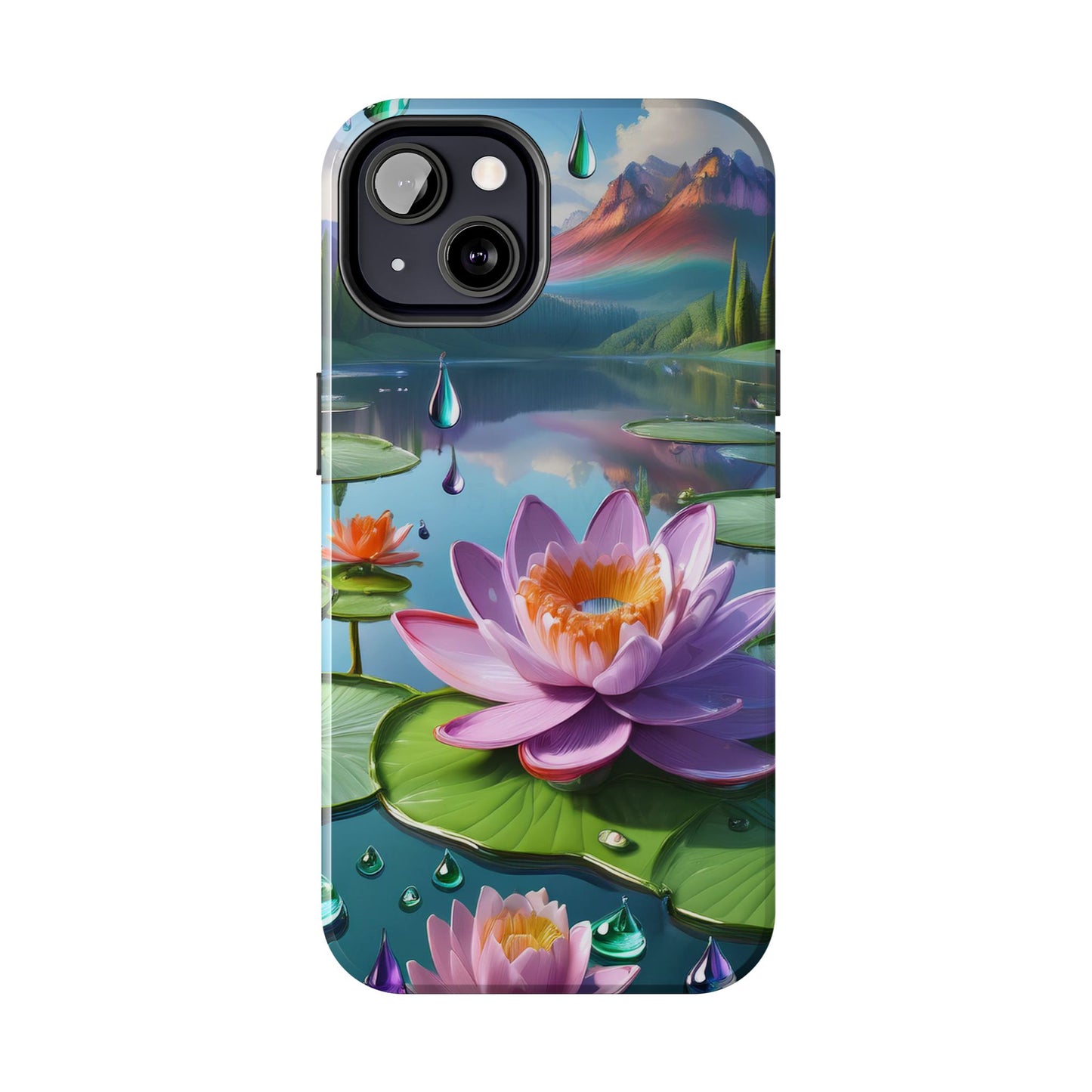 Lily Pads Phone Case, Mountain View Raindrops Nature Scene for iPhone or Samsung Galaxy, Pink Green Blue