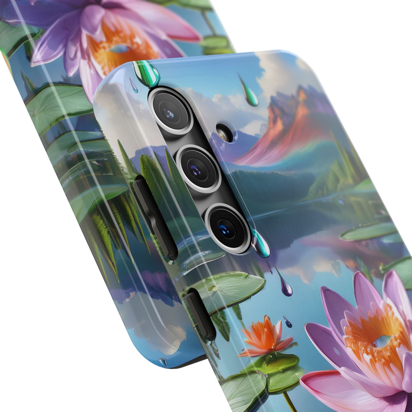 Lily Pads Phone Case, Mountain View Raindrops Nature Scene for iPhone or Samsung Galaxy, Pink Green Blue