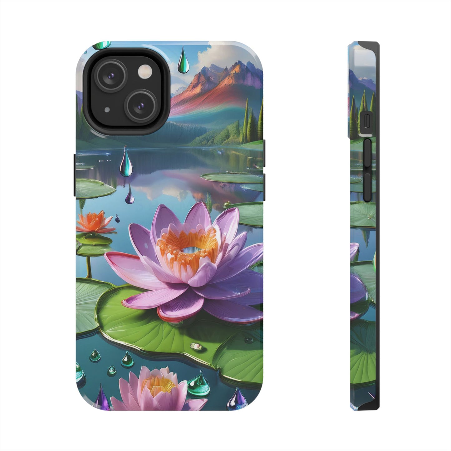 Lily Pads Phone Case, Mountain View Raindrops Nature Scene for iPhone or Samsung Galaxy, Pink Green Blue