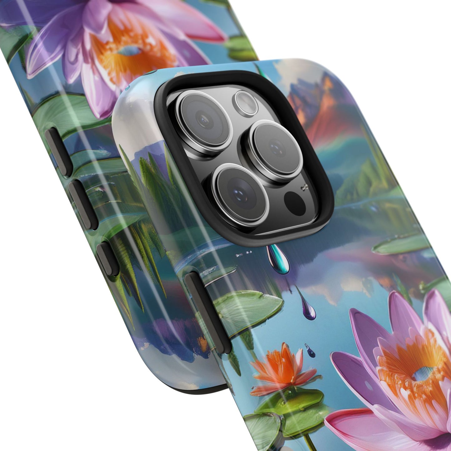 Lily Pads Phone Case, Mountain View Raindrops Nature Scene for iPhone or Samsung Galaxy, Pink Green Blue