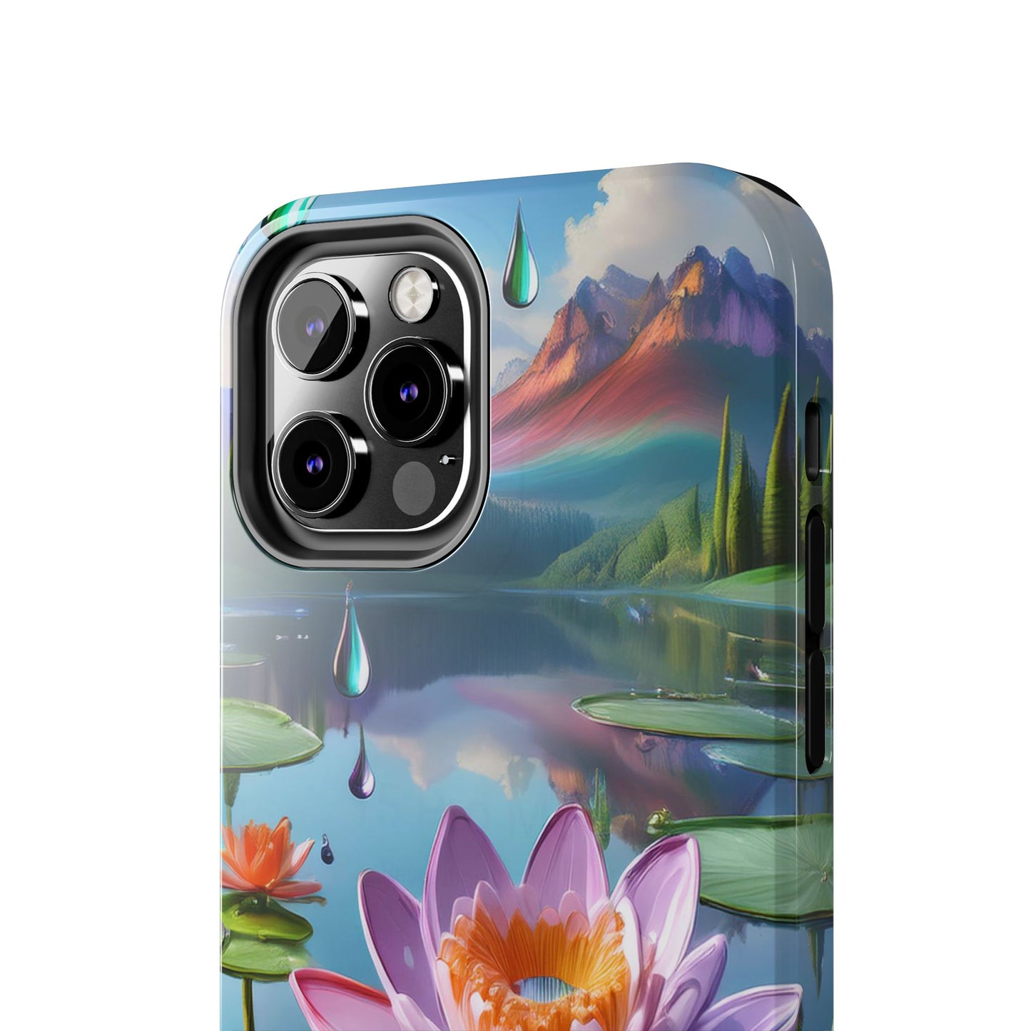 Lily Pads Phone Case, Mountain View Raindrops Nature Scene for iPhone or Samsung Galaxy, Pink Green Blue