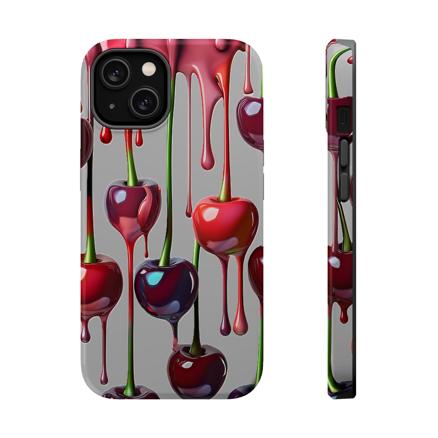 Mag Safe Dripping Cherry Phone Case - Cherry Design, Gray iPhone Magnetic Phone Case