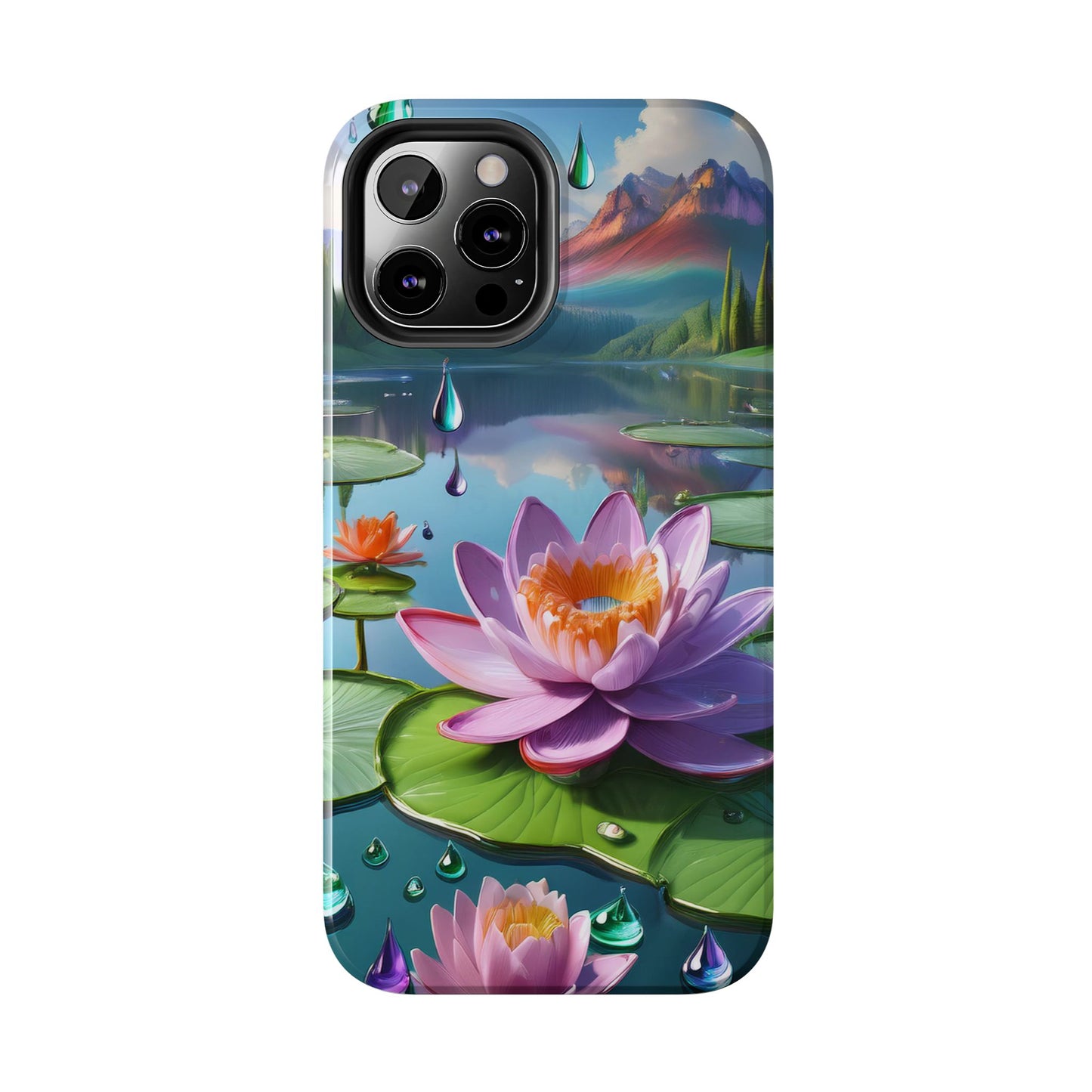 Lily Pads Phone Case, Mountain View Raindrops Nature Scene for iPhone or Samsung Galaxy, Pink Green Blue