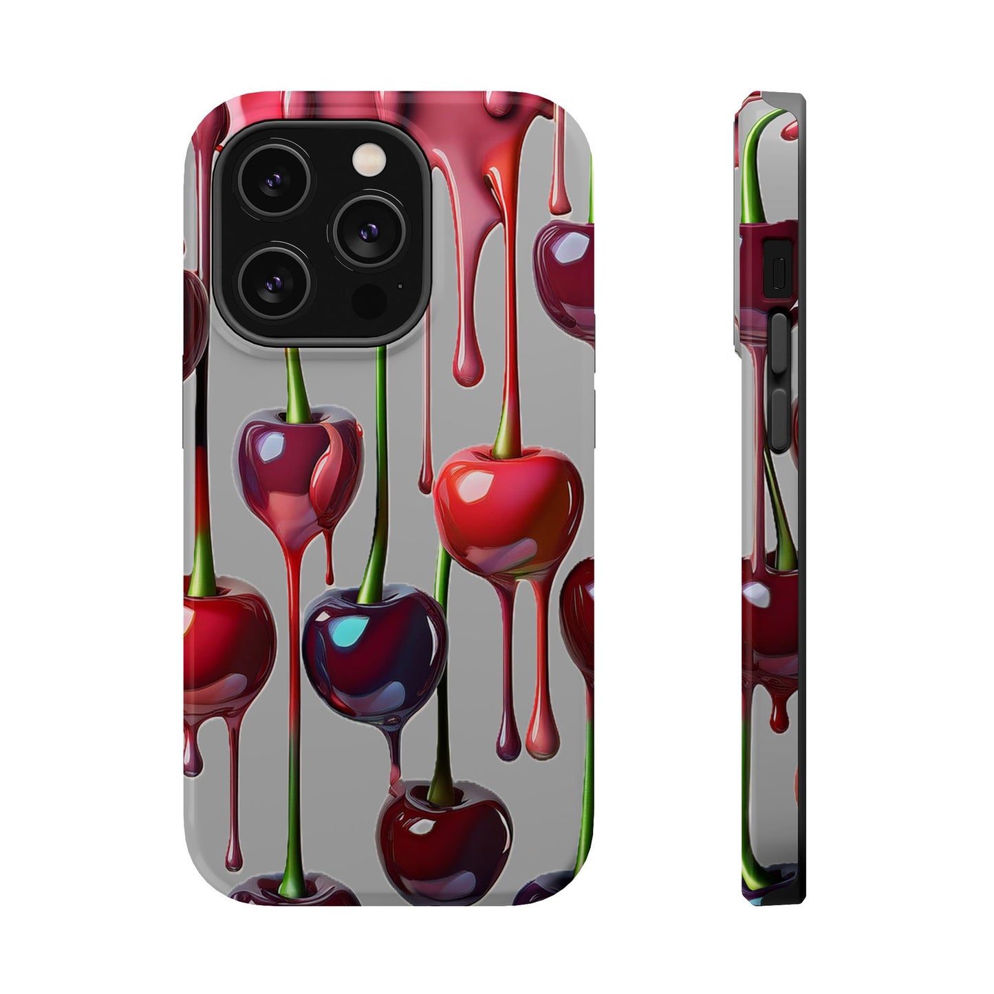 Mag Safe Dripping Cherry Phone Case - Cherry Design, Gray iPhone Magnetic Phone Case