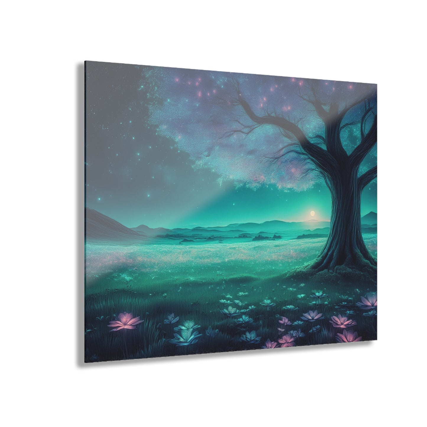 Night Sky Pink Blue Flowers in a Field, Acrylic Print, Wall Art, Home or Office Decor, French Cleat Hanging, Glass Wall Art
