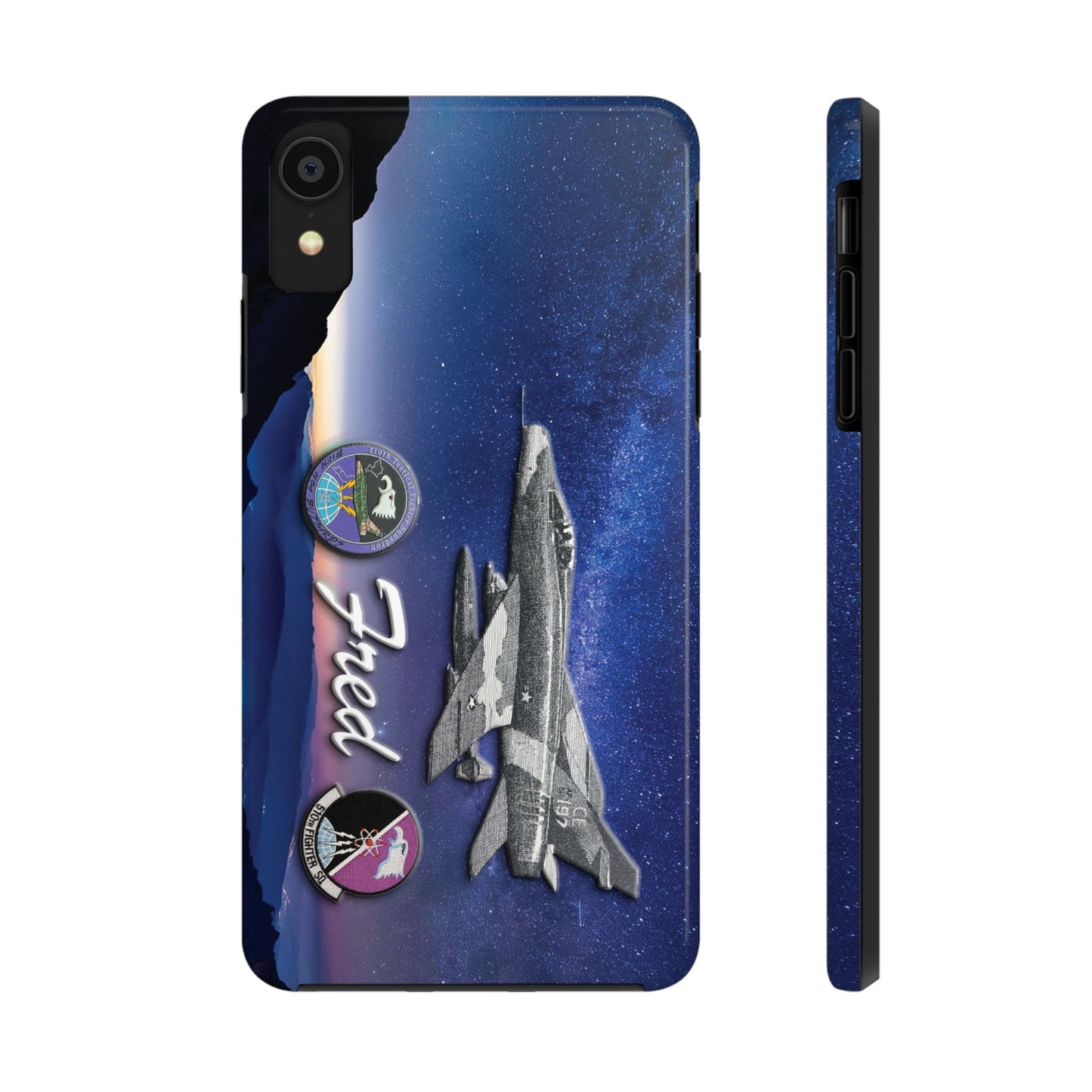 An image of an Air Force 510th Squadron cell phone case featuring a detailed F16 fighter jet design, the word "Buzzards," and personalized text displaying a name or call sign. The case has a sleek, durable finish with vibrant graphics, offering a military-inspired look. Designed for edge-to-edge protection, it includes precise cutouts for buttons, ports, and the camera, combining style and functionality.