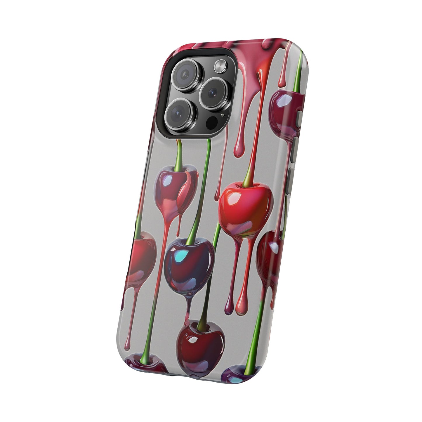 Mag Safe Dripping Cherry Phone Case - Cherry Design, Gray iPhone Magnetic Phone Case