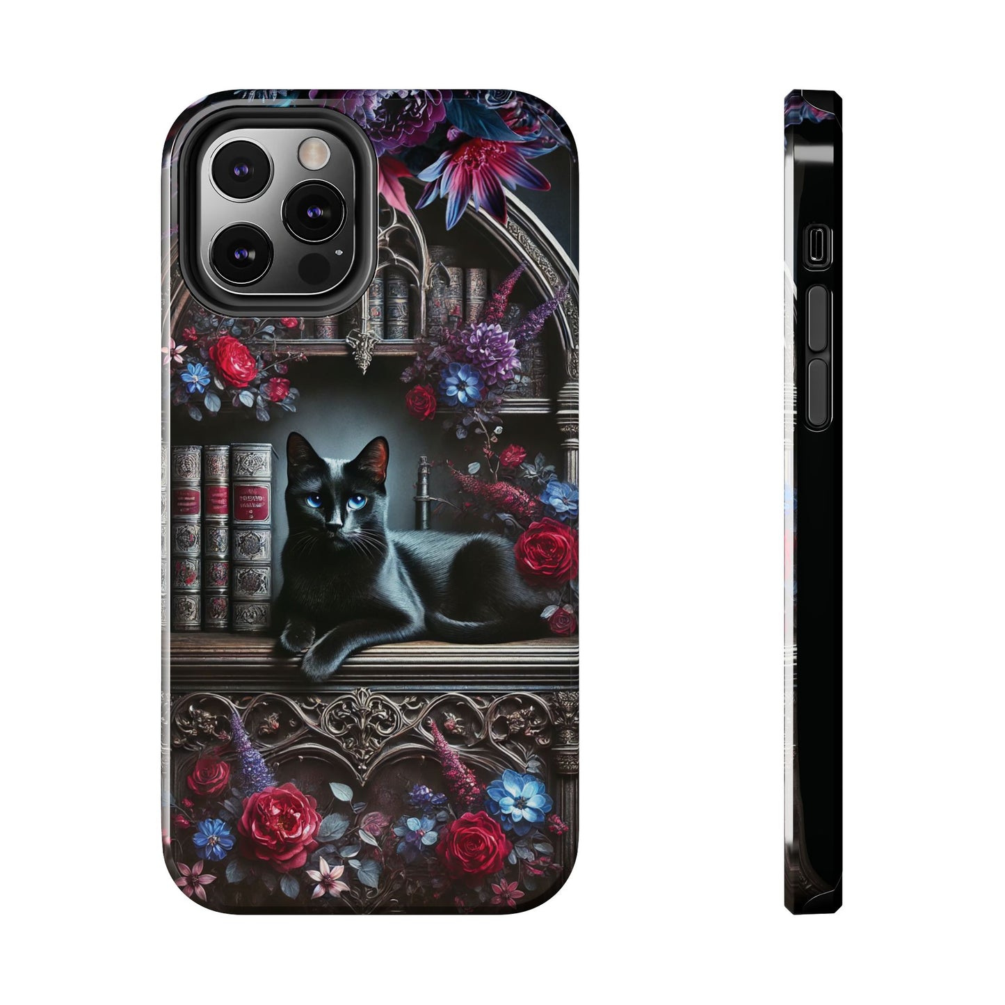 iPhone and Samsung Galaxy cell phone models, Black Cat Gothic Bookcase Decor with Glowing Blue Eyes & Flowers, iPhone Pro, Plus, Pro Max