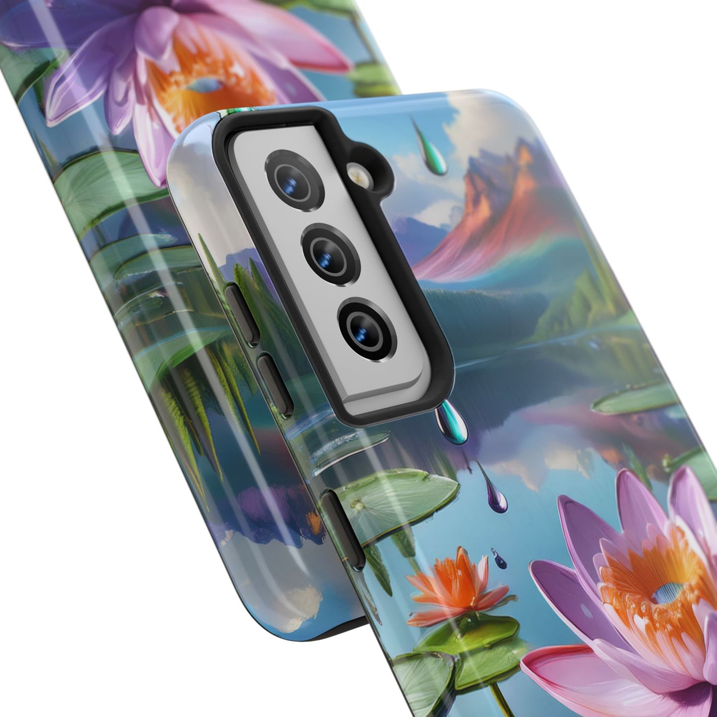 Lily Pads Phone Case, Mountain View Raindrops Nature Scene for iPhone or Samsung Galaxy, Pink Green Blue