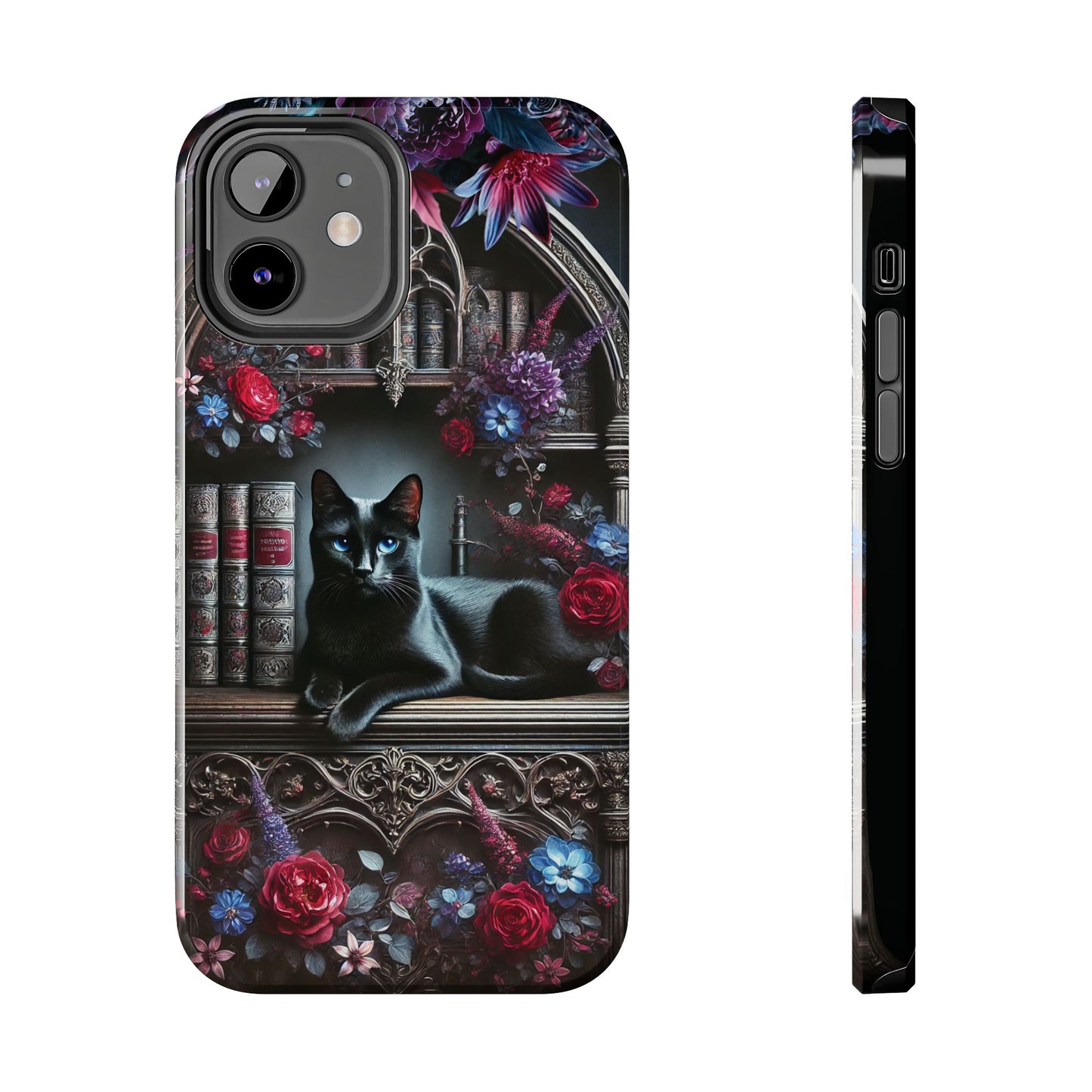 iPhone and Samsung Galaxy cell phone models, Black Cat Gothic Bookcase Decor with Glowing Blue Eyes & Flowers, iPhone Pro, Plus, Pro Max