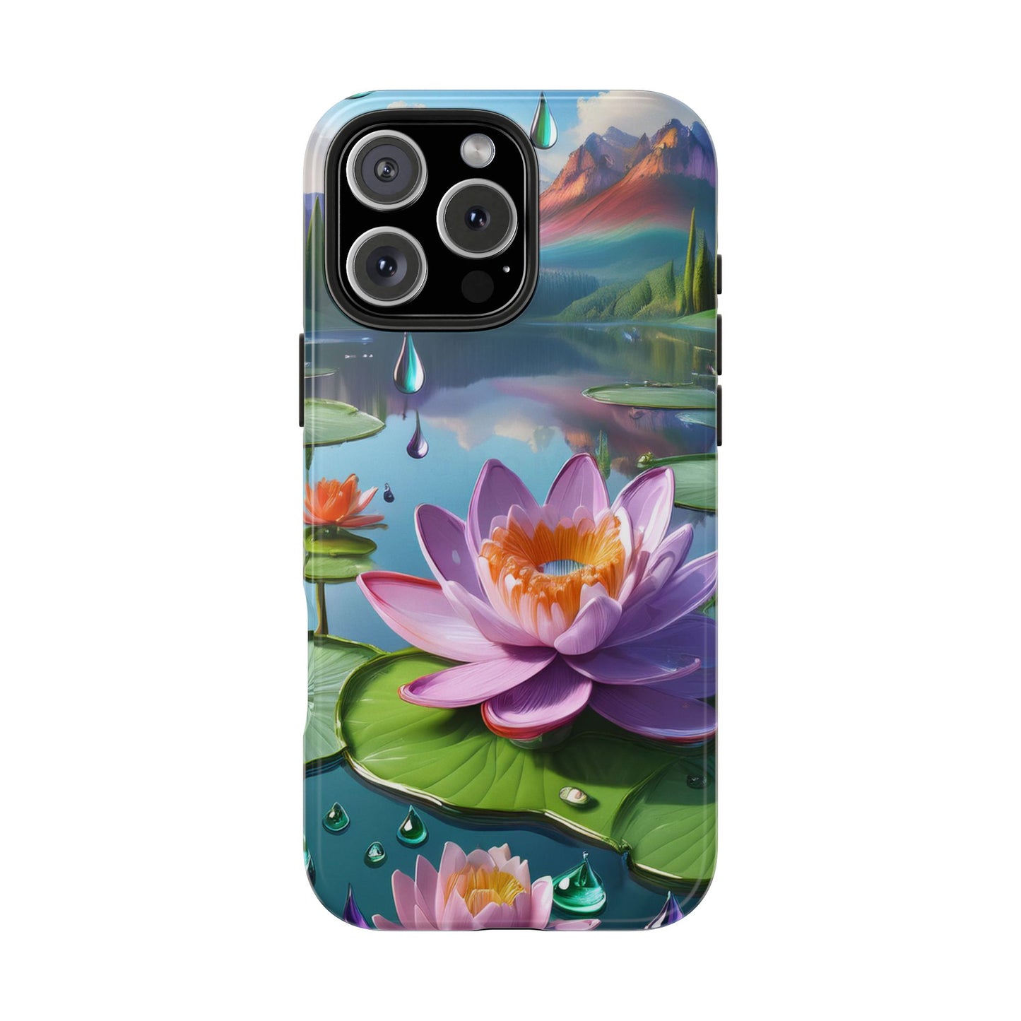 Lily Pads Phone Case, Mountain View Raindrops Nature Scene for iPhone or Samsung Galaxy, Pink Green Blue