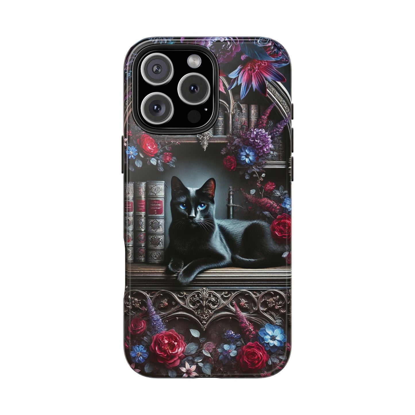 iPhone and Samsung Galaxy cell phone models, Black Cat Gothic Bookcase Decor with Glowing Blue Eyes & Flowers, iPhone Pro, Plus, Pro Max