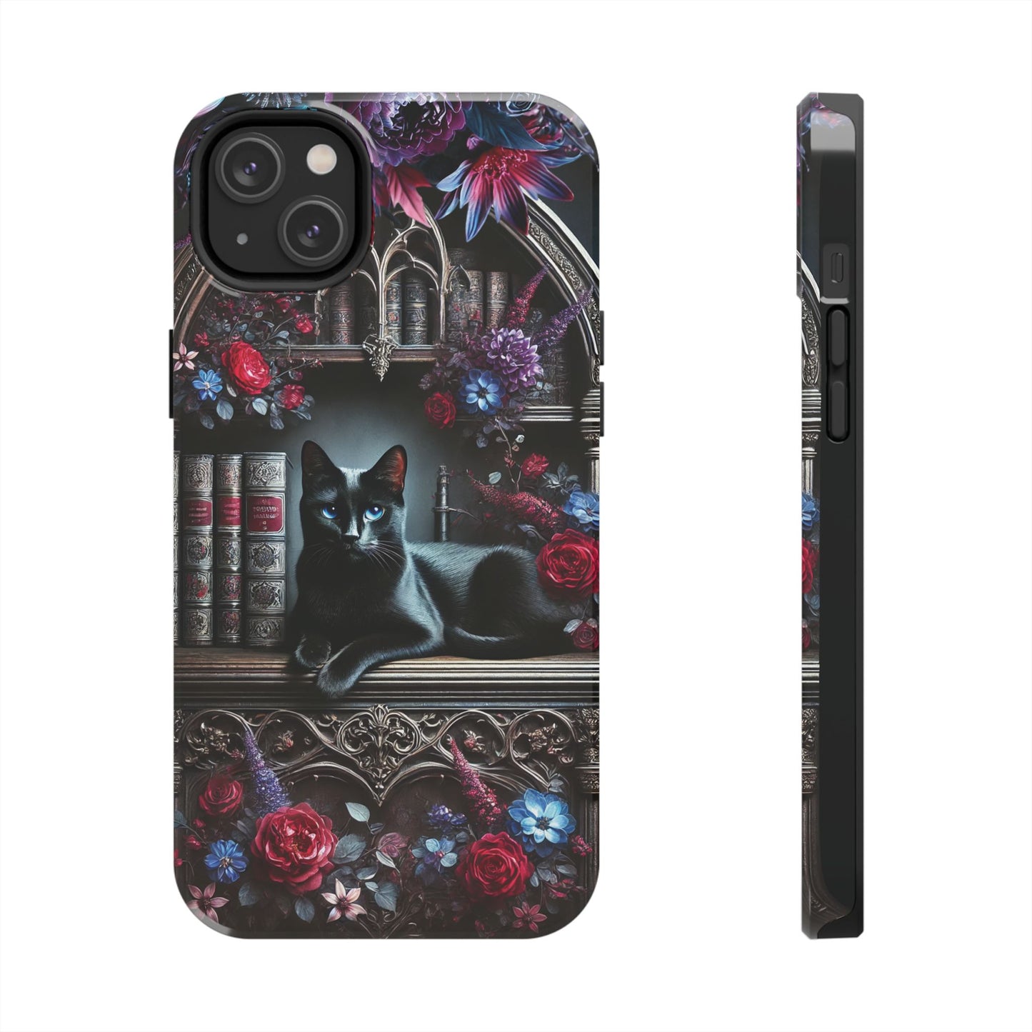 iPhone and Samsung Galaxy cell phone models, Black Cat Gothic Bookcase Decor with Glowing Blue Eyes & Flowers, iPhone Pro, Plus, Pro Max