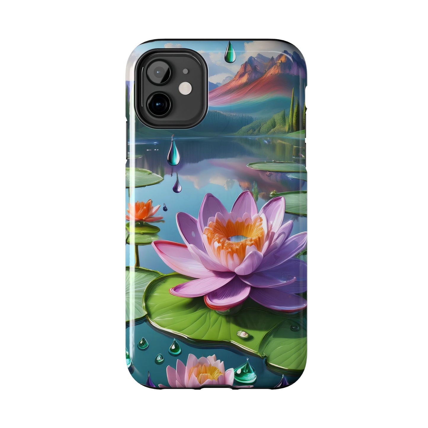 Lily Pads Phone Case, Mountain View Raindrops Nature Scene for iPhone or Samsung Galaxy, Pink Green Blue