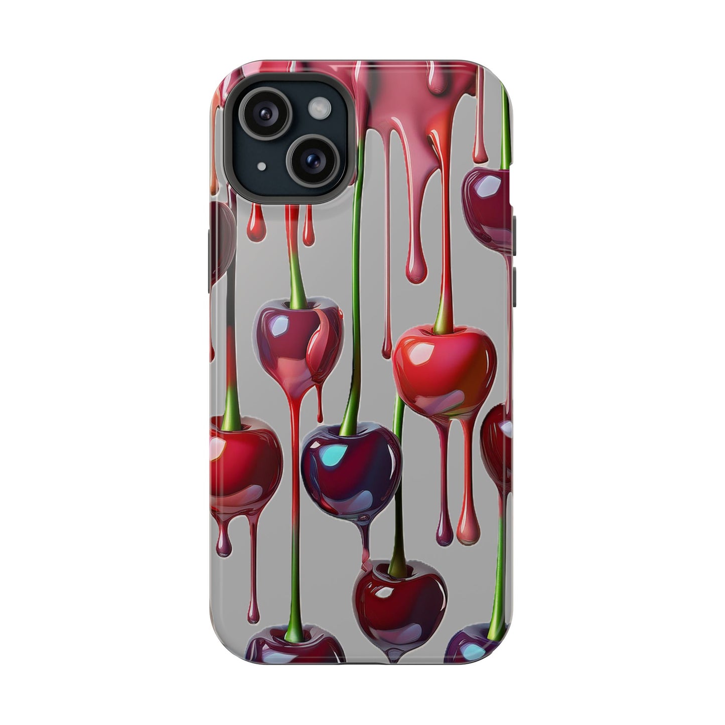 Mag Safe Dripping Cherry Phone Case - Cherry Design, Gray iPhone Magnetic Phone Case