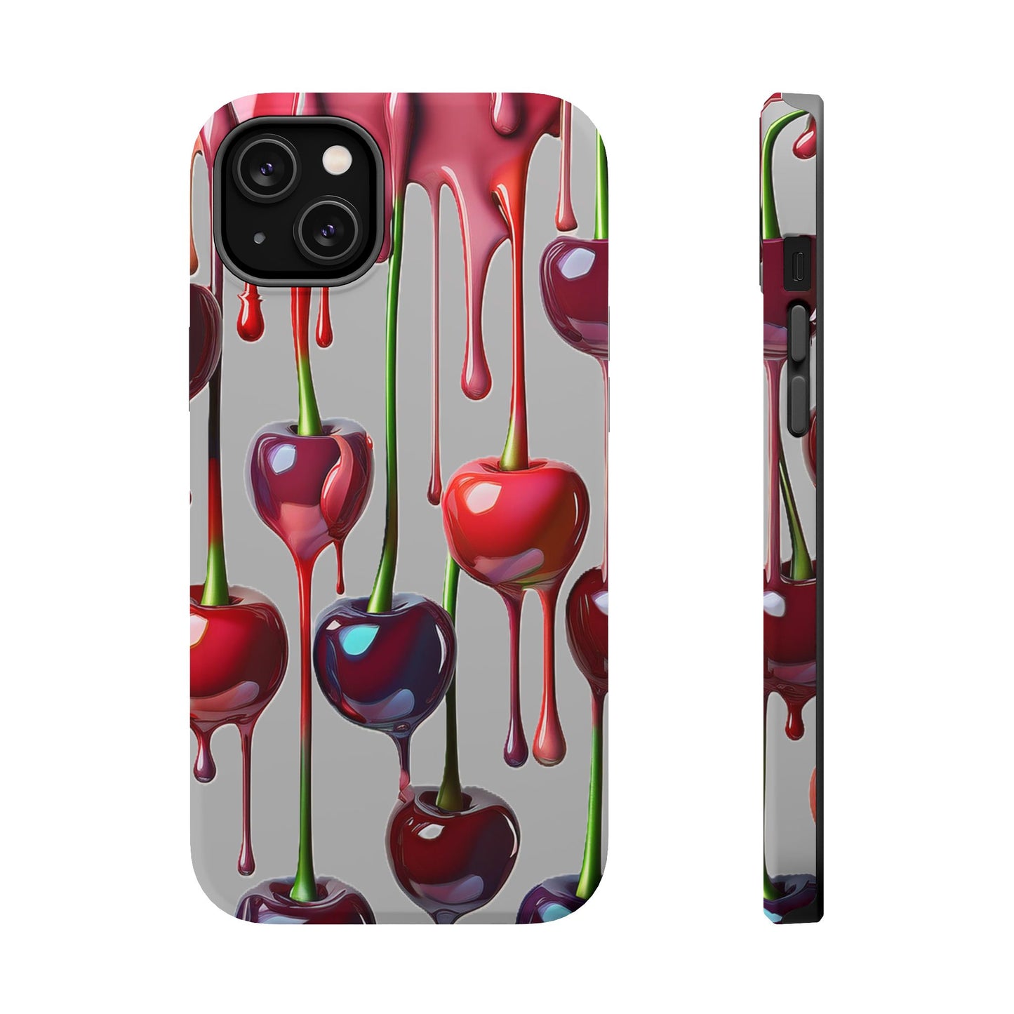 Mag Safe Dripping Cherry Phone Case - Cherry Design, Gray iPhone Magnetic Phone Case
