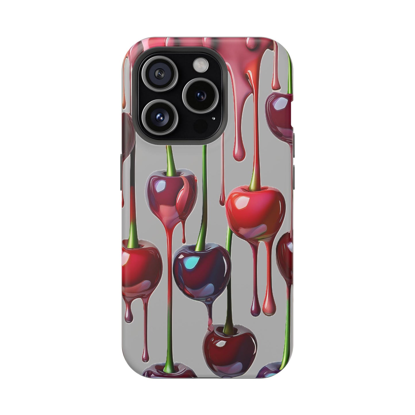 Mag Safe Dripping Cherry Phone Case - Cherry Design, Gray iPhone Magnetic Phone Case