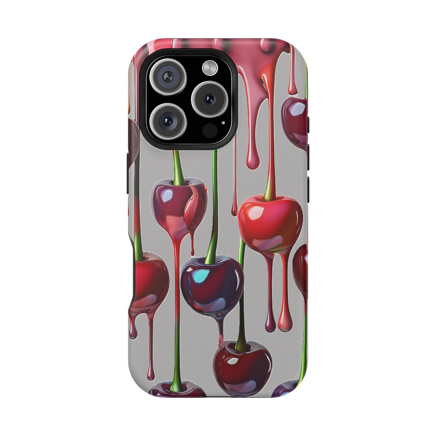 Mag Safe Dripping Cherry Phone Case - Cherry Design, Gray iPhone Magnetic Phone Case