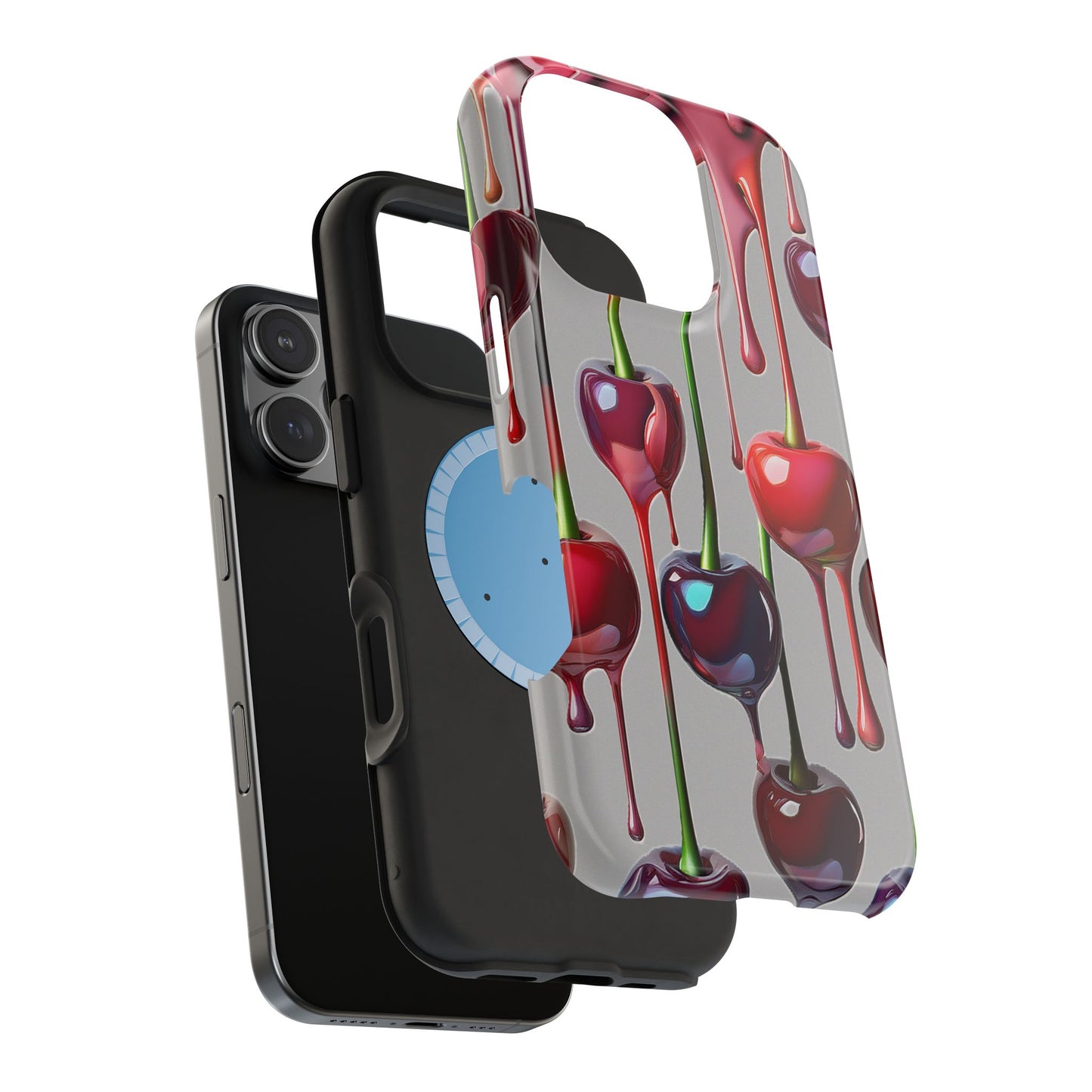 Mag Safe Dripping Cherry Phone Case - Cherry Design, Gray iPhone Magnetic Phone Case