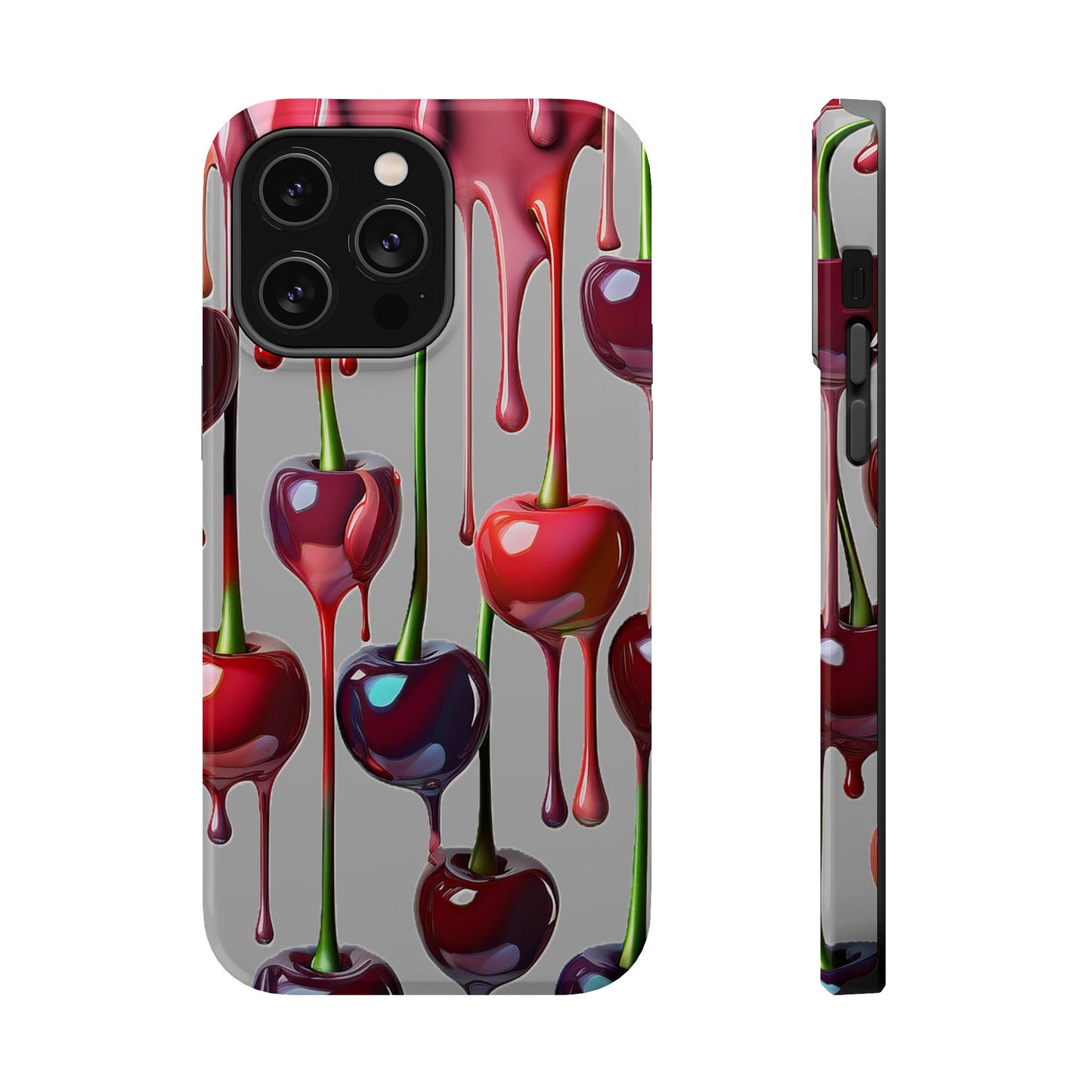 Mag Safe Dripping Cherry Phone Case - Cherry Design, Gray iPhone Magnetic Phone Case
