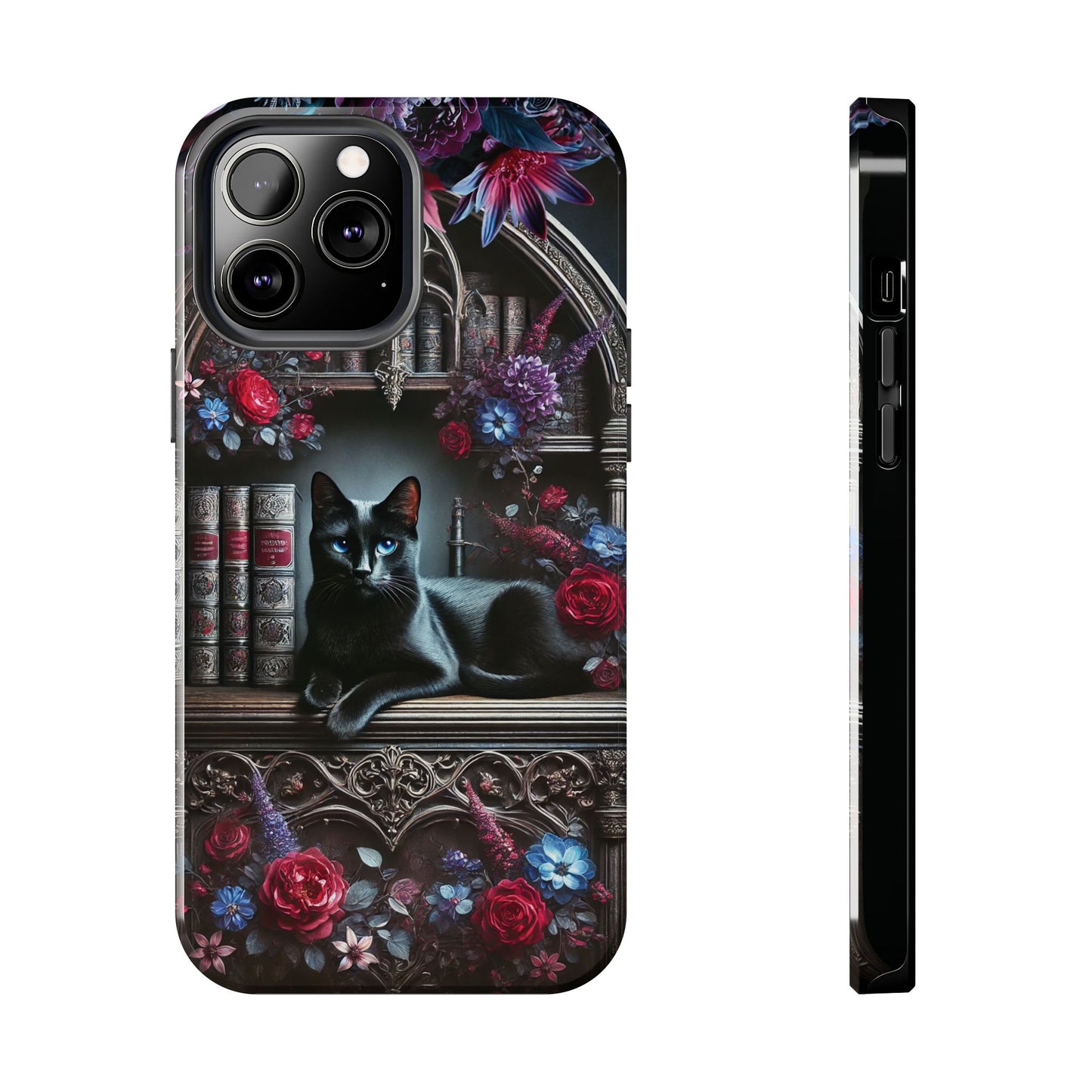 iPhone and Samsung Galaxy cell phone models, Black Cat Gothic Bookcase Decor with Glowing Blue Eyes & Flowers, iPhone Pro, Plus, Pro Max