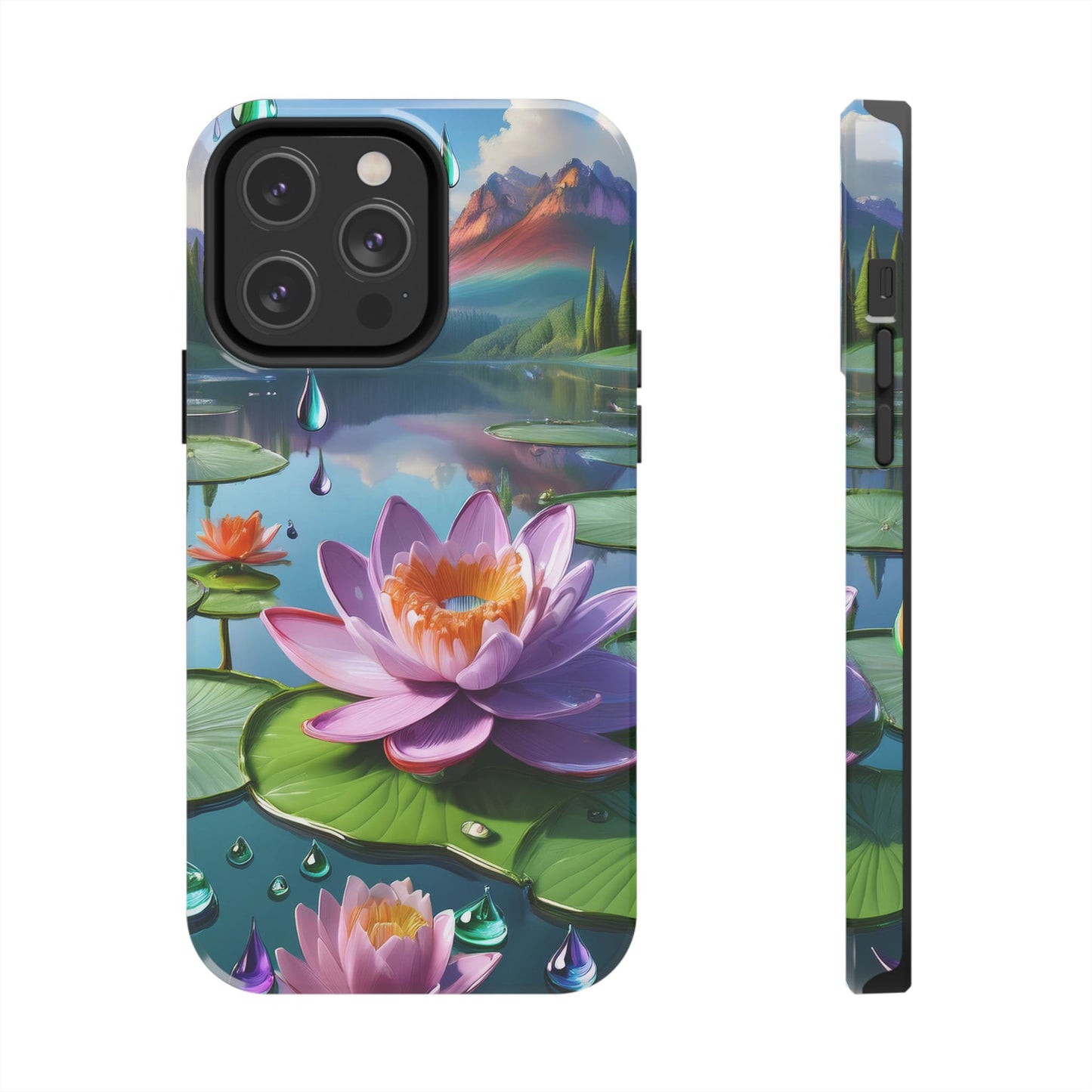 Lily Pads Phone Case, Mountain View Raindrops Nature Scene for iPhone or Samsung Galaxy, Pink Green Blue