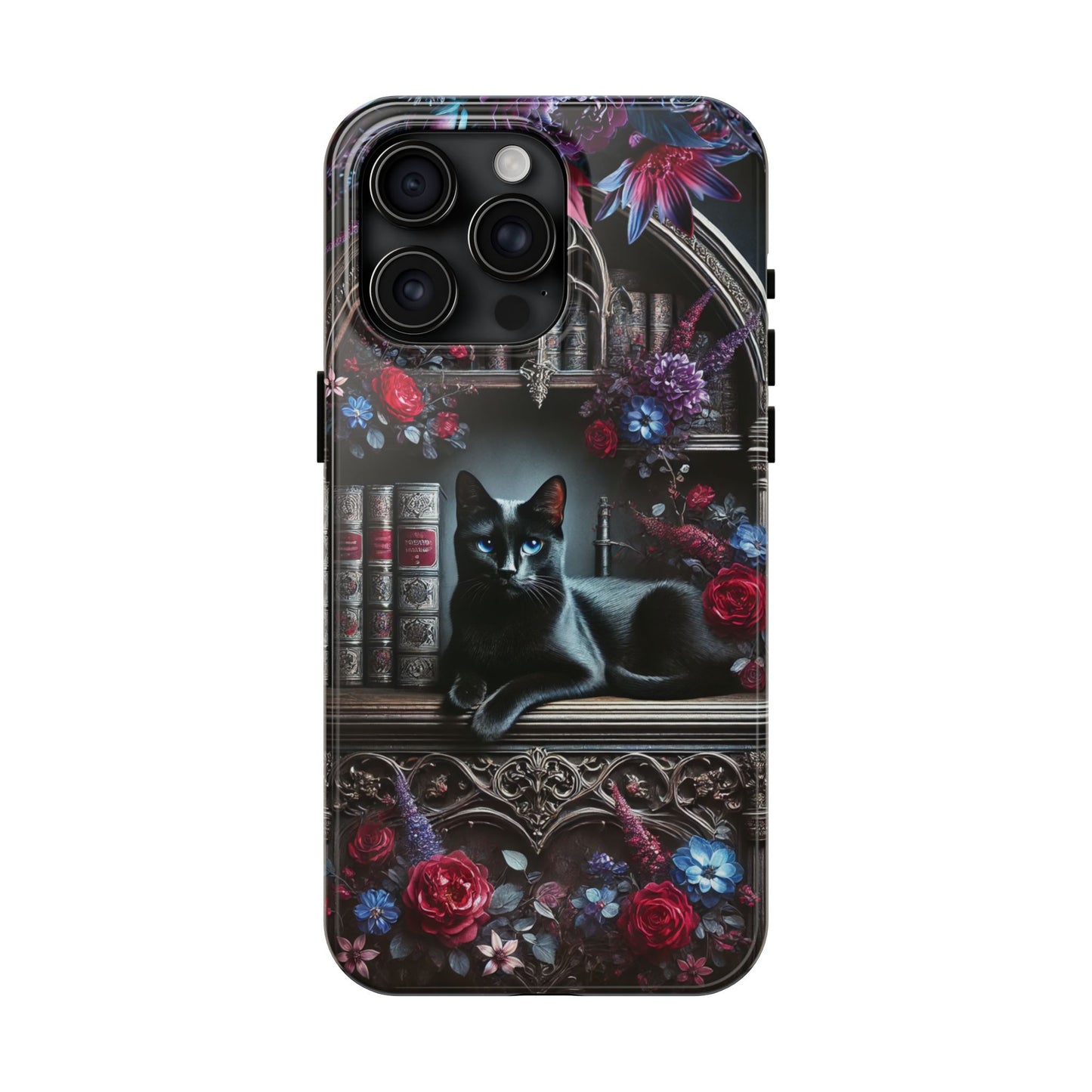 iPhone and Samsung Galaxy cell phone models, Black Cat Gothic Bookcase Decor with Glowing Blue Eyes & Flowers, iPhone Pro, Plus, Pro Max