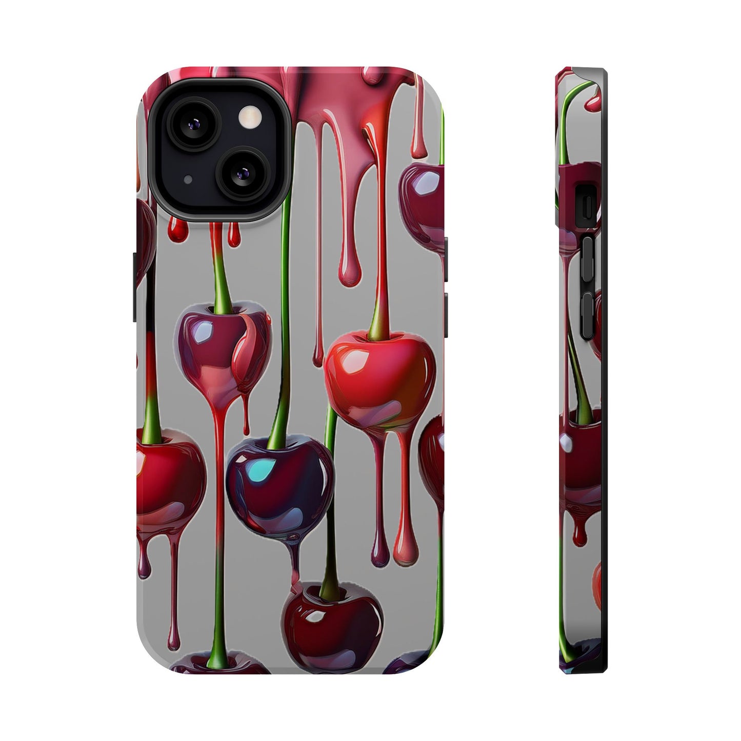 Mag Safe Dripping Cherry Phone Case - Cherry Design, Gray iPhone Magnetic Phone Case