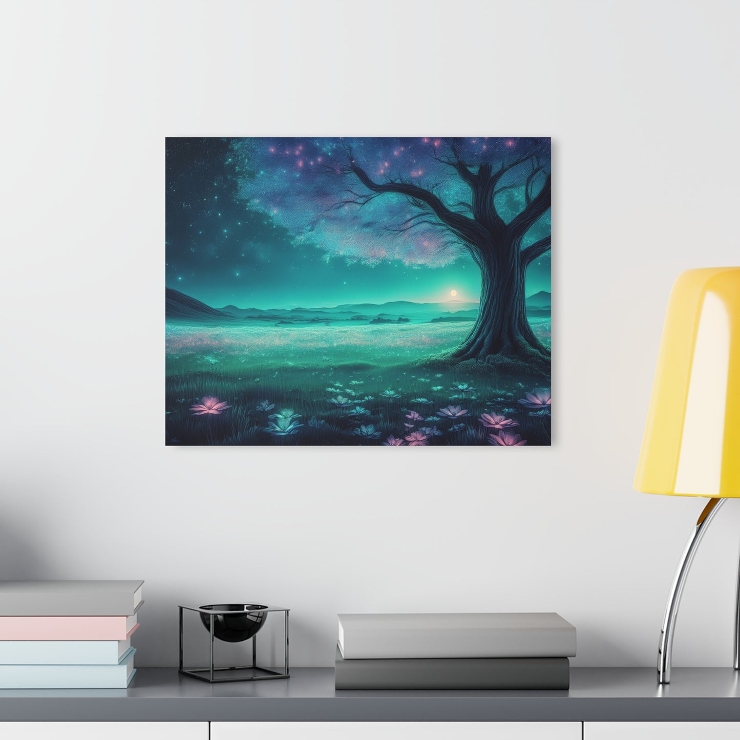 Night Sky Pink Blue Flowers in a Field, Acrylic Print, Wall Art, Home or Office Decor, French Cleat Hanging, Glass Wall Art
