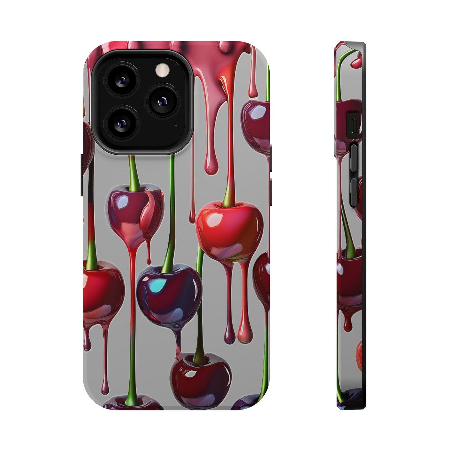 Mag Safe Dripping Cherry Phone Case - Cherry Design, Gray iPhone Magnetic Phone Case
