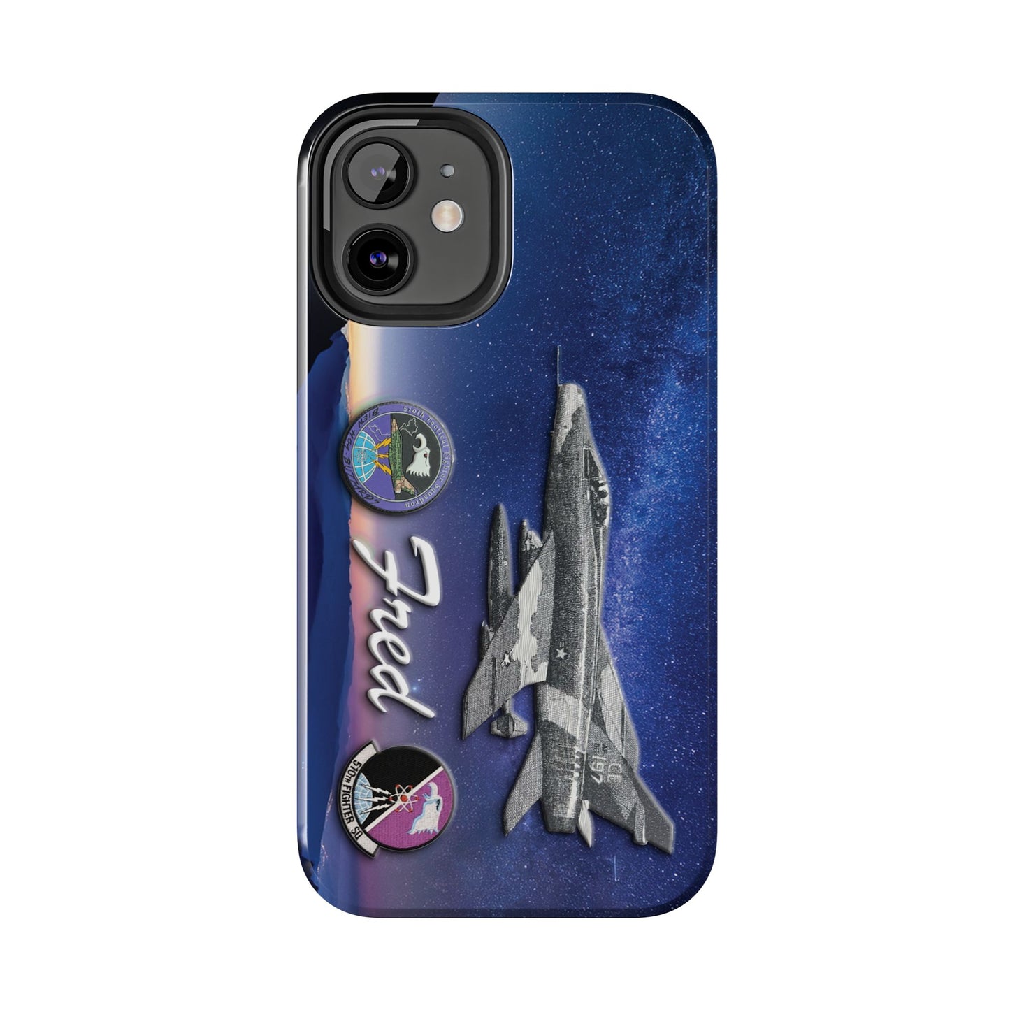 An image of an Air Force 510th Squadron cell phone case featuring a detailed F16 fighter jet design, the word "Buzzards," and personalized text displaying a name or call sign. The case has a sleek, durable finish with vibrant graphics, offering a military-inspired look. Designed for edge-to-edge protection, it includes precise cutouts for buttons, ports, and the camera, combining style and functionality.