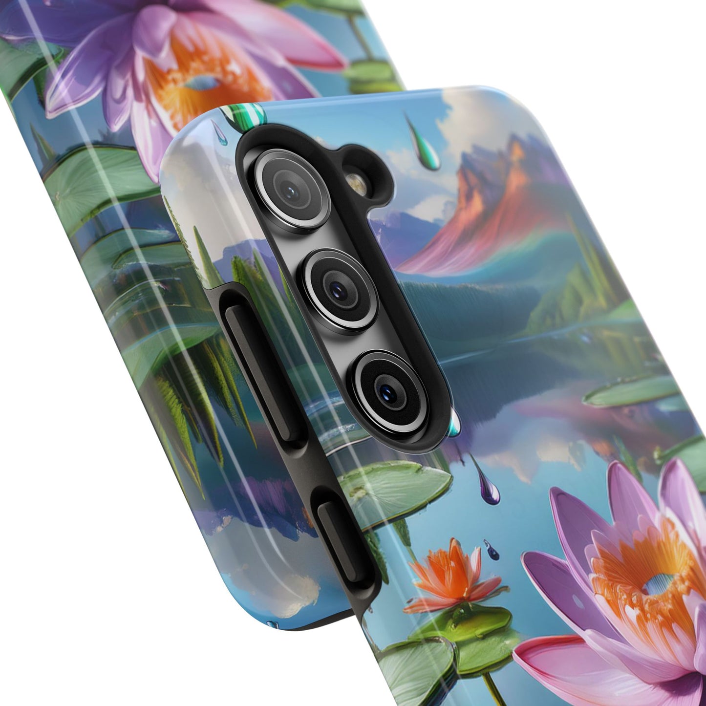 Lily Pads Phone Case, Mountain View Raindrops Nature Scene for iPhone or Samsung Galaxy, Pink Green Blue