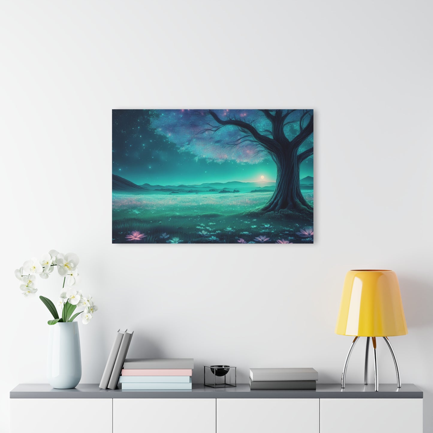 Night Sky Pink Blue Flowers in a Field, Acrylic Print, Wall Art, Home or Office Decor, French Cleat Hanging, Glass Wall Art
