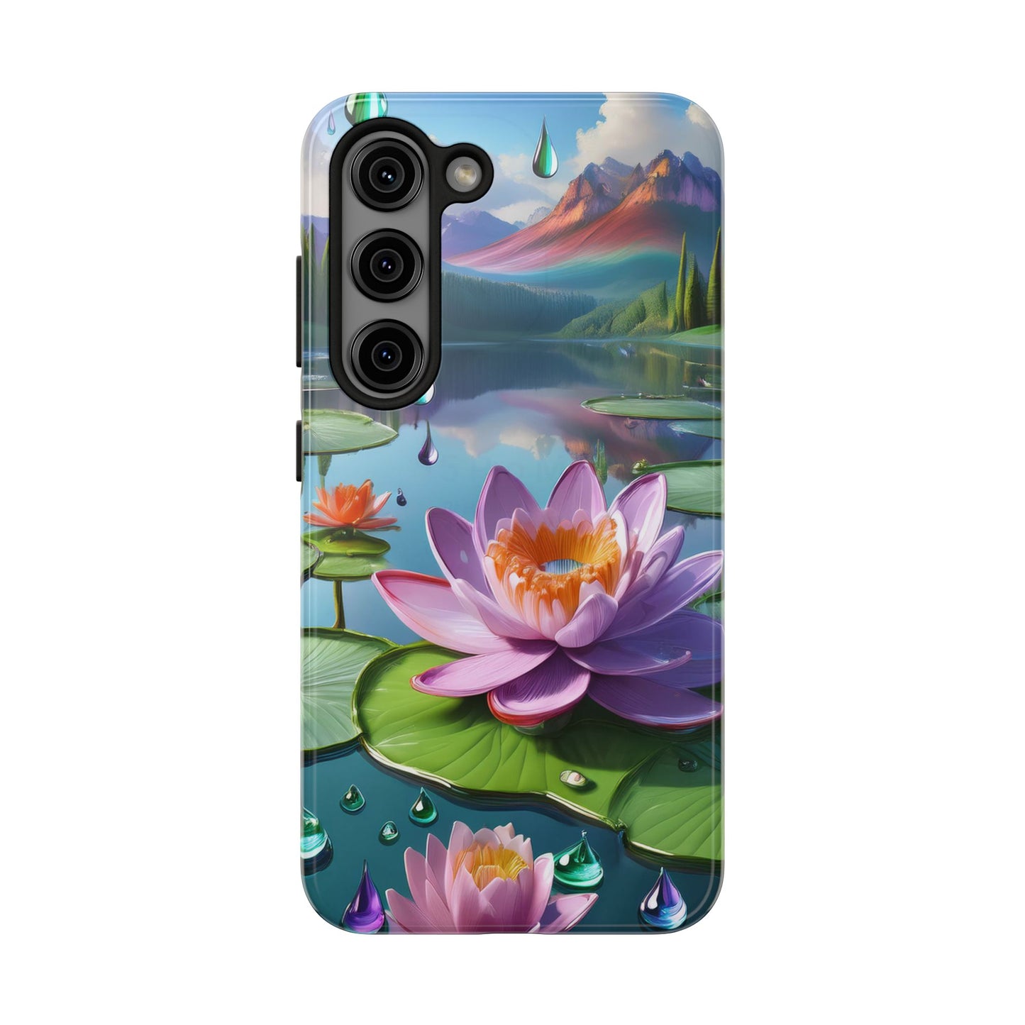 Lily Pads Phone Case, Mountain View Raindrops Nature Scene for iPhone or Samsung Galaxy, Pink Green Blue