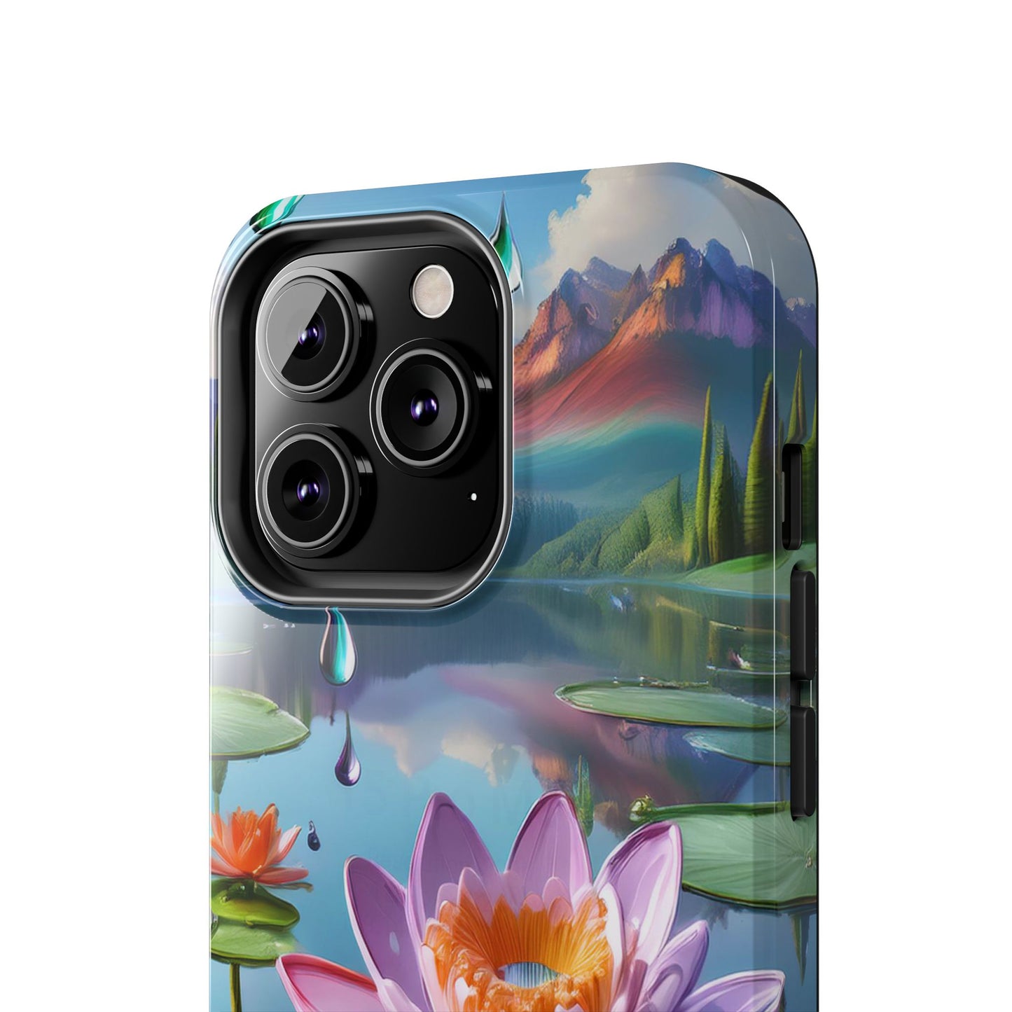 Lily Pads Phone Case, Mountain View Raindrops Nature Scene for iPhone or Samsung Galaxy, Pink Green Blue