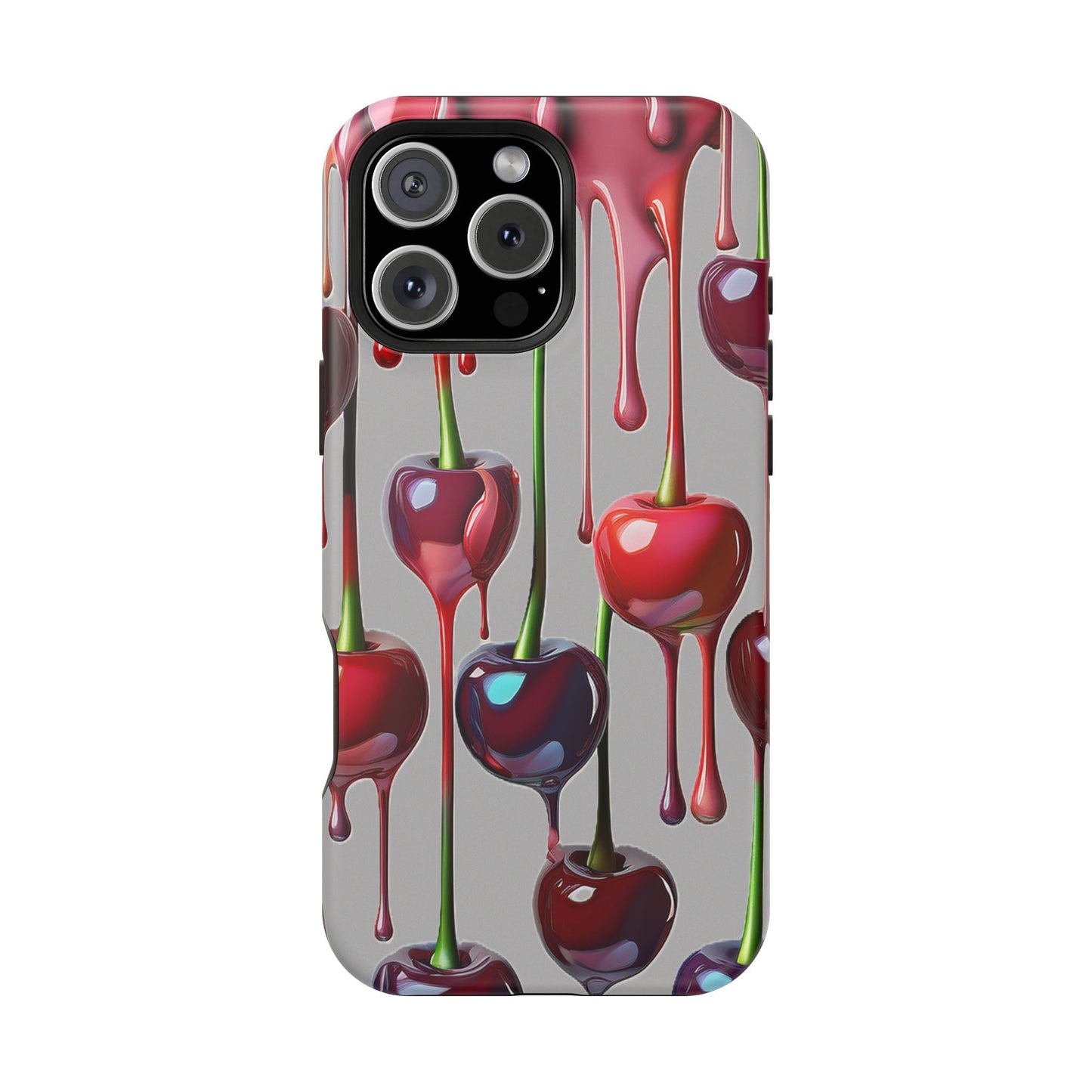 Mag Safe Dripping Cherry Phone Case - Cherry Design, Gray iPhone Magnetic Phone Case