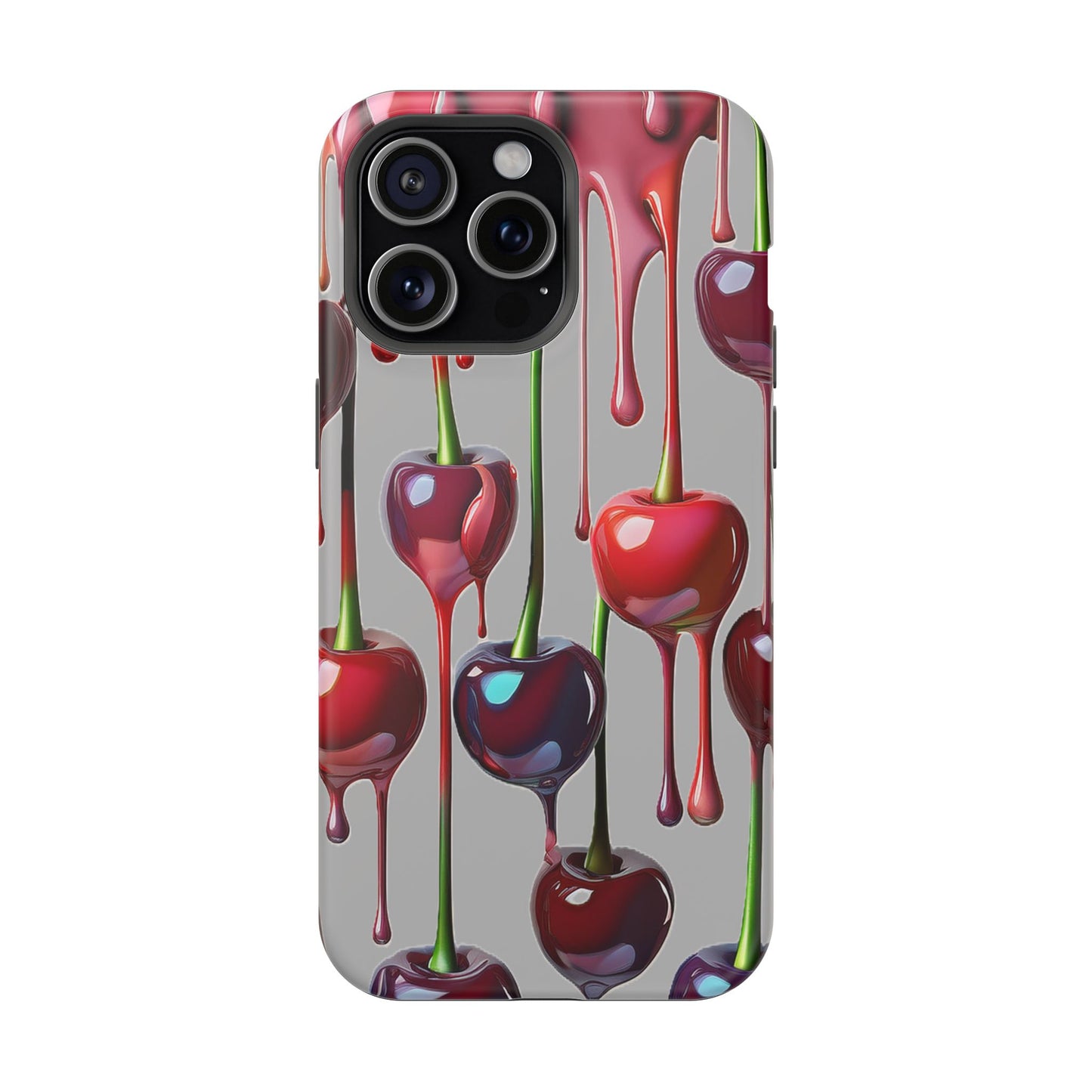 Mag Safe Dripping Cherry Phone Case - Cherry Design, Gray iPhone Magnetic Phone Case