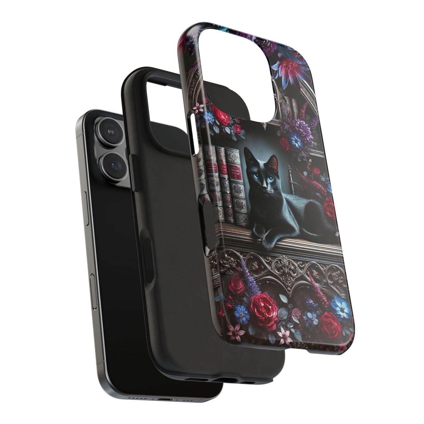 iPhone and Samsung Galaxy cell phone models, Black Cat Gothic Bookcase Decor with Glowing Blue Eyes & Flowers, iPhone Pro, Plus, Pro Max