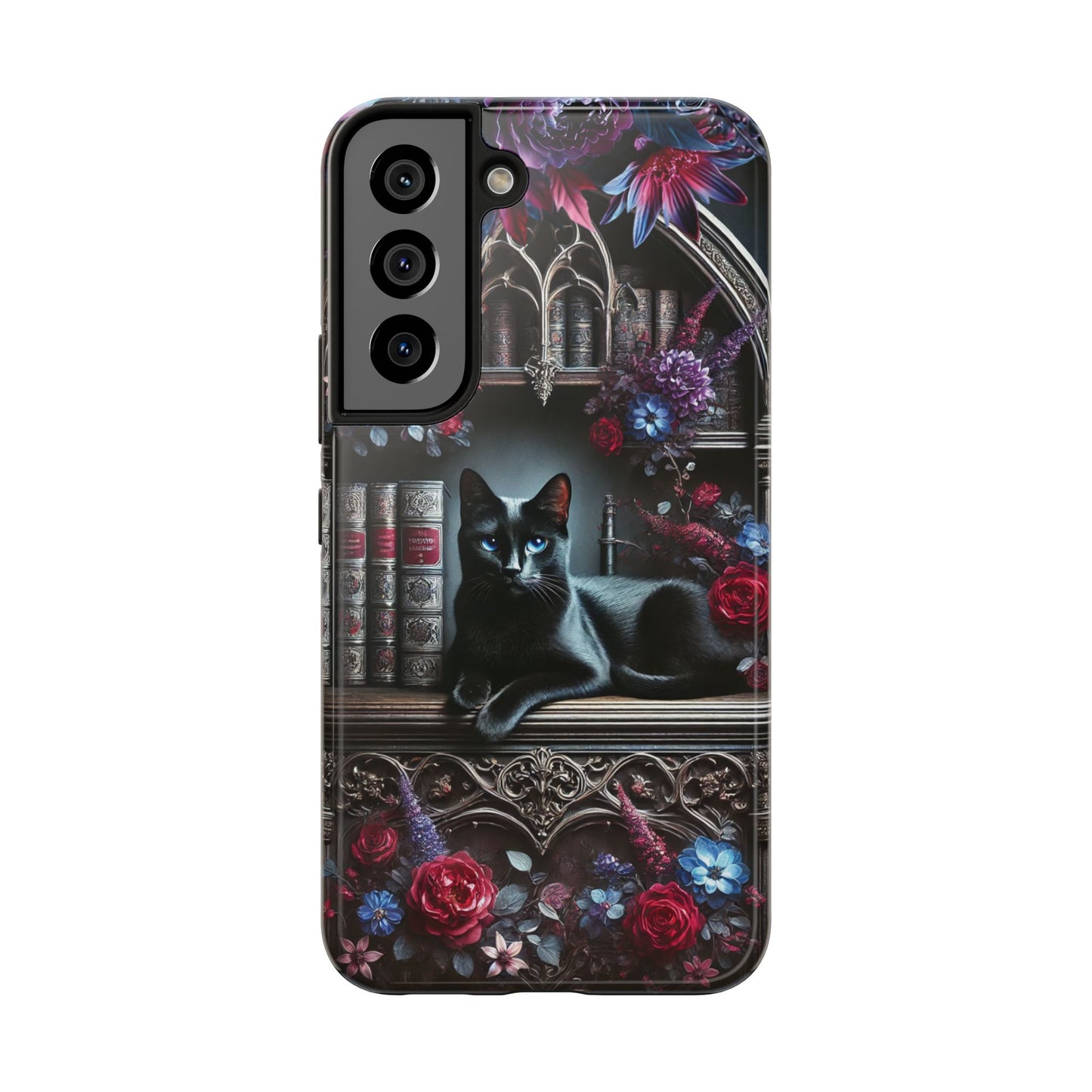 iPhone and Samsung Galaxy cell phone models, Black Cat Gothic Bookcase Decor with Glowing Blue Eyes & Flowers, iPhone Pro, Plus, Pro Max