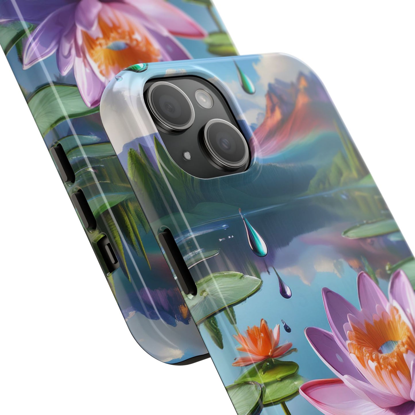 Lily Pads Phone Case, Mountain View Raindrops Nature Scene for iPhone or Samsung Galaxy, Pink Green Blue