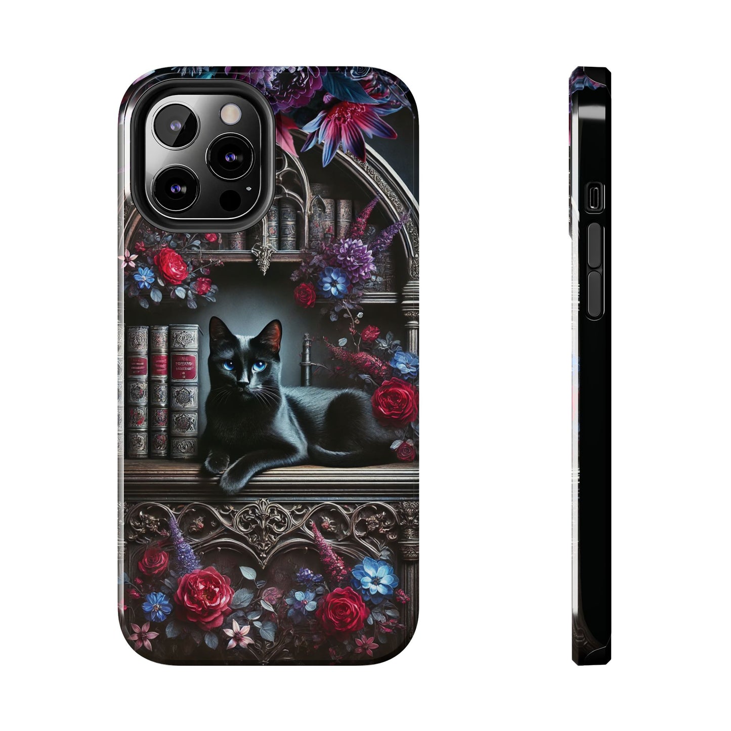 iPhone and Samsung Galaxy cell phone models, Black Cat Gothic Bookcase Decor with Glowing Blue Eyes & Flowers, iPhone Pro, Plus, Pro Max