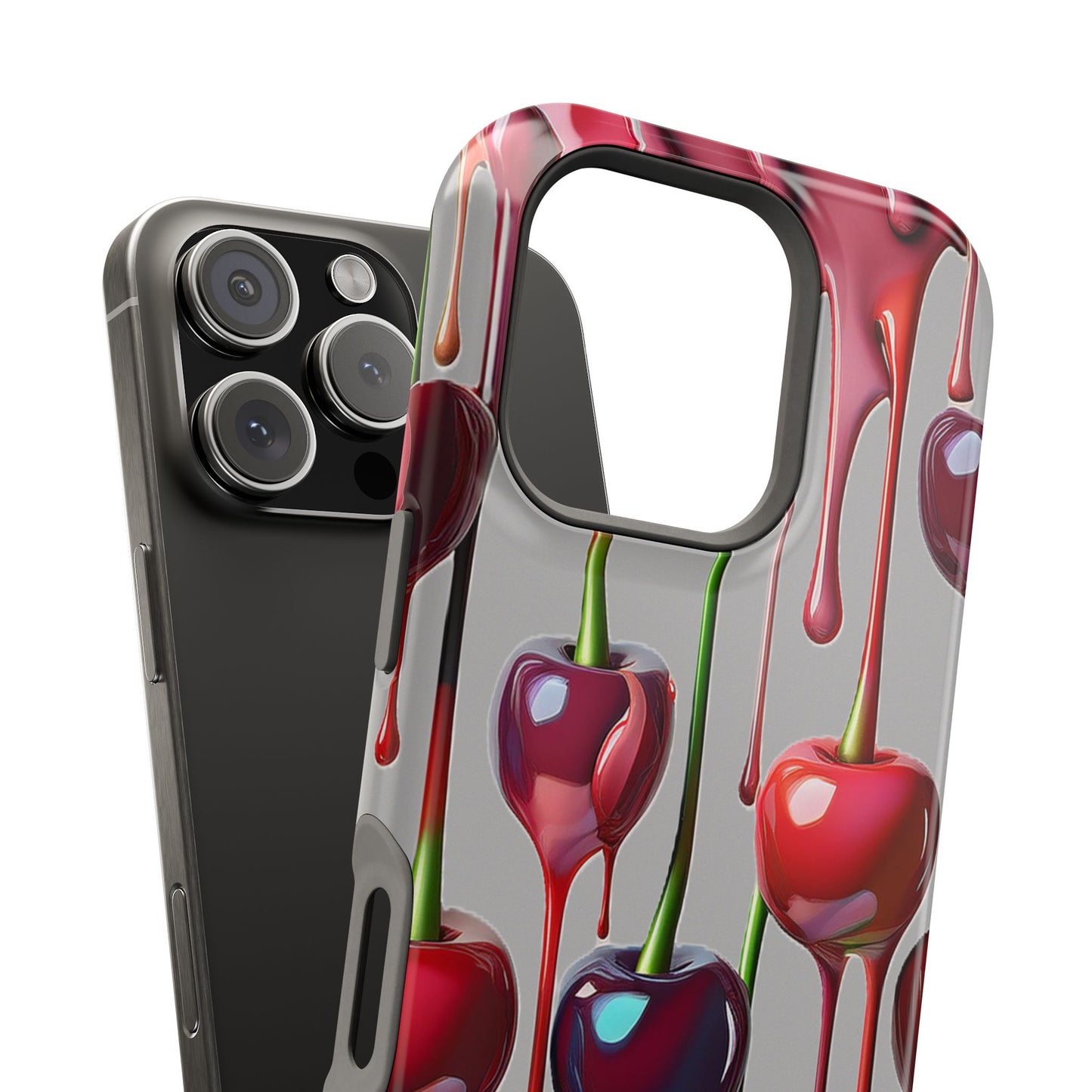 Mag Safe Dripping Cherry Phone Case - Cherry Design, Gray iPhone Magnetic Phone Case